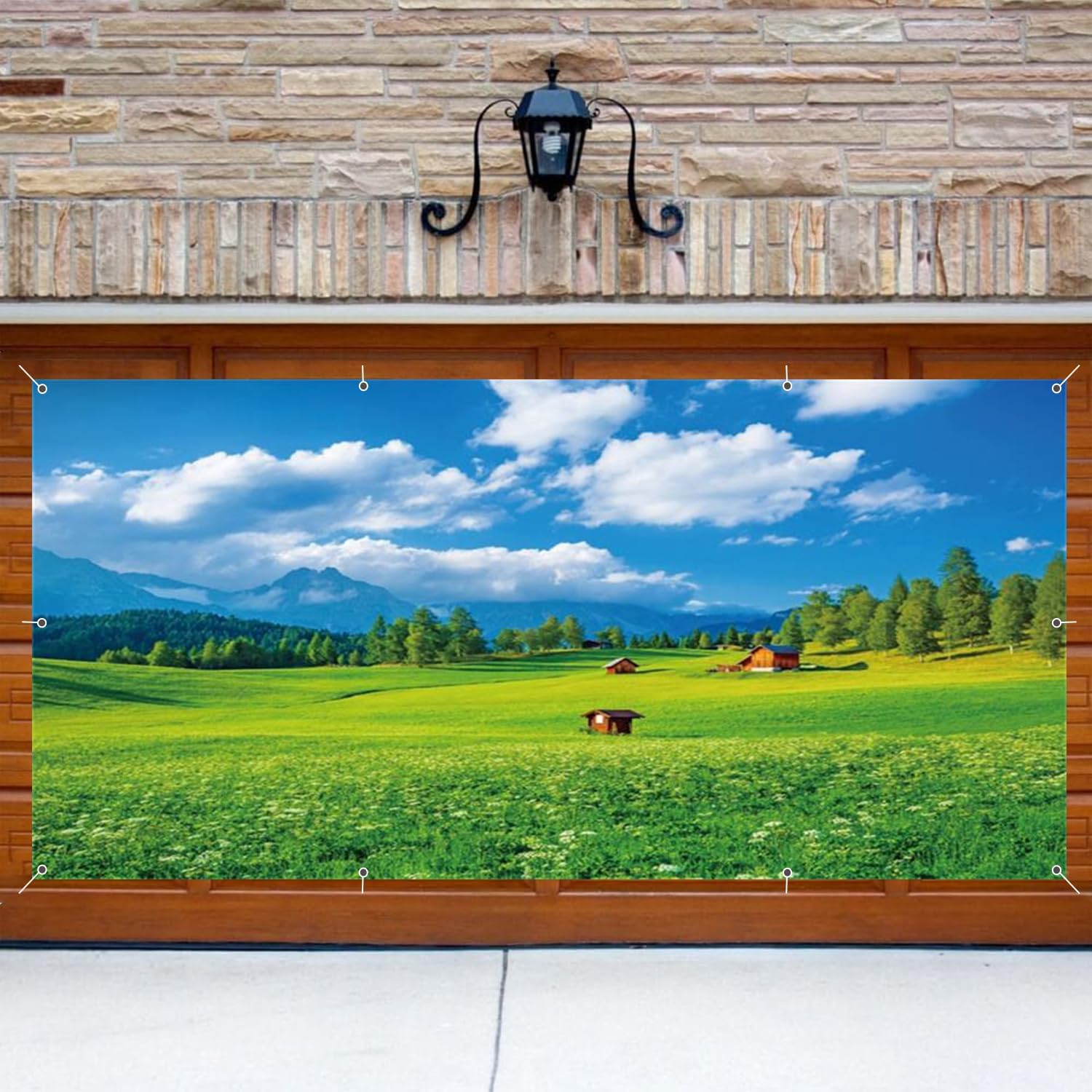 Spring Green Grassland Garage Door Cover Banner Decorations Backdrop 7x16ft Large Lawn Pastures Landscape Natural Scenery Garage Door Banner Birthday Party Baby Shower Outdoor Garage Door Decorations
