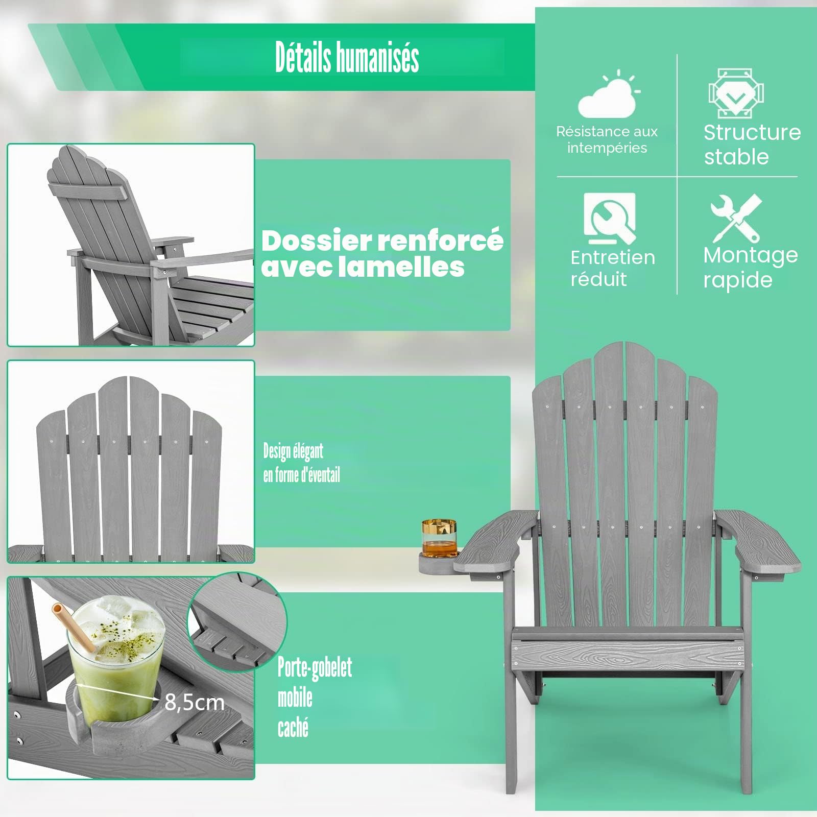 FANTASK Adirondack Chaise de Jardin en Plastique avec Porte-gobelet, résistante aux intempéries, capacité de Charge de 170 kg, Gris Clair