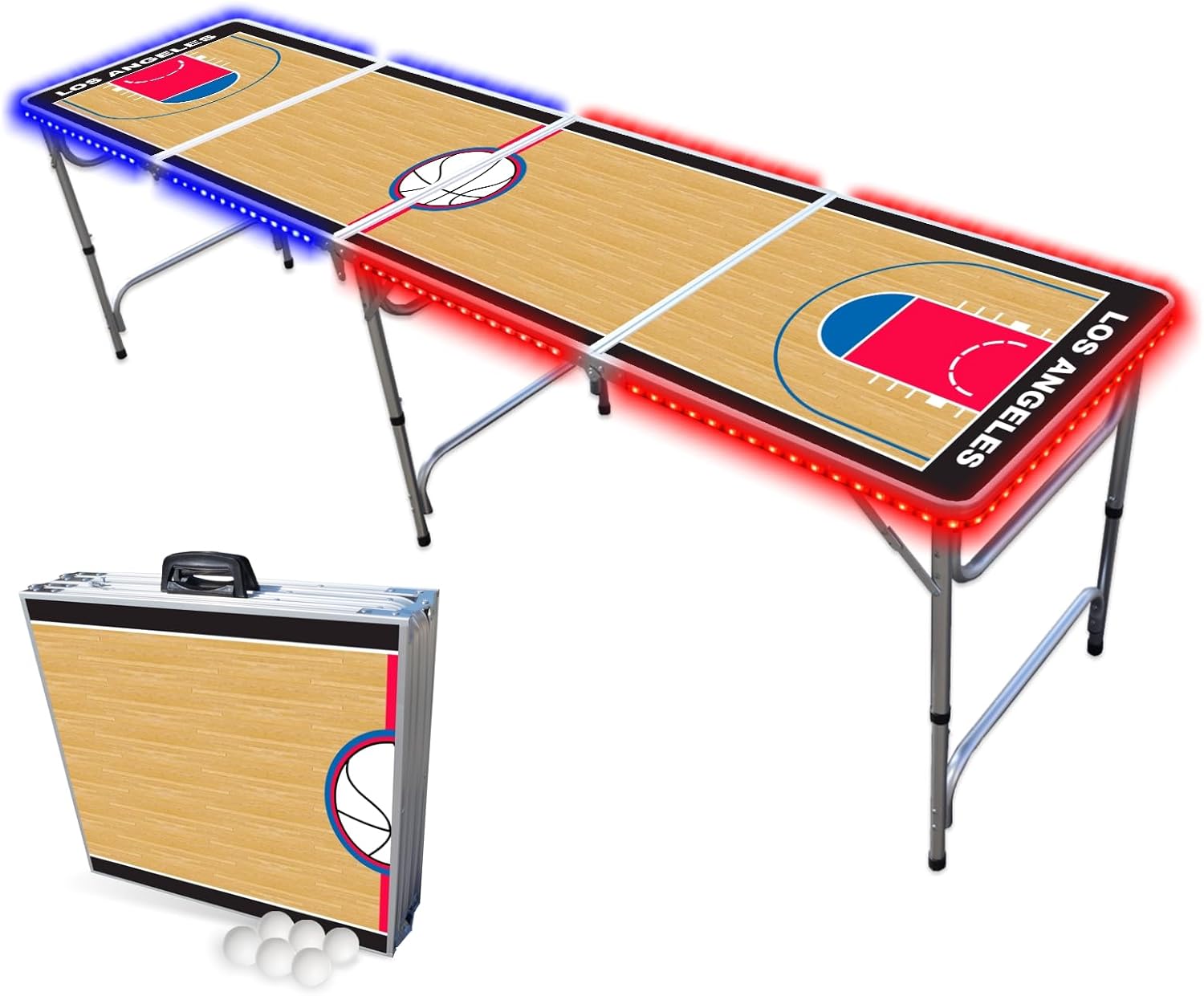8-Foot Folding Portable Pong Table w/Optional Cup Holes & LED Lights - Los Angeles Basketball Court (Choose Your Model)