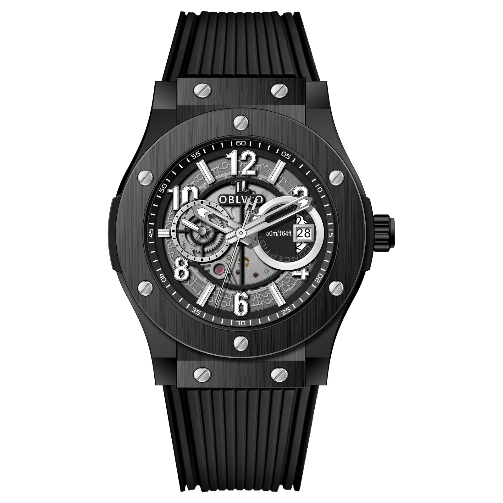 OBLVLO Orologio meccanico classico da uomo, quadrante nero in oro rosa con data, impermeabile, movimento automatico Miyato, cinturino in gomma, HM-GT