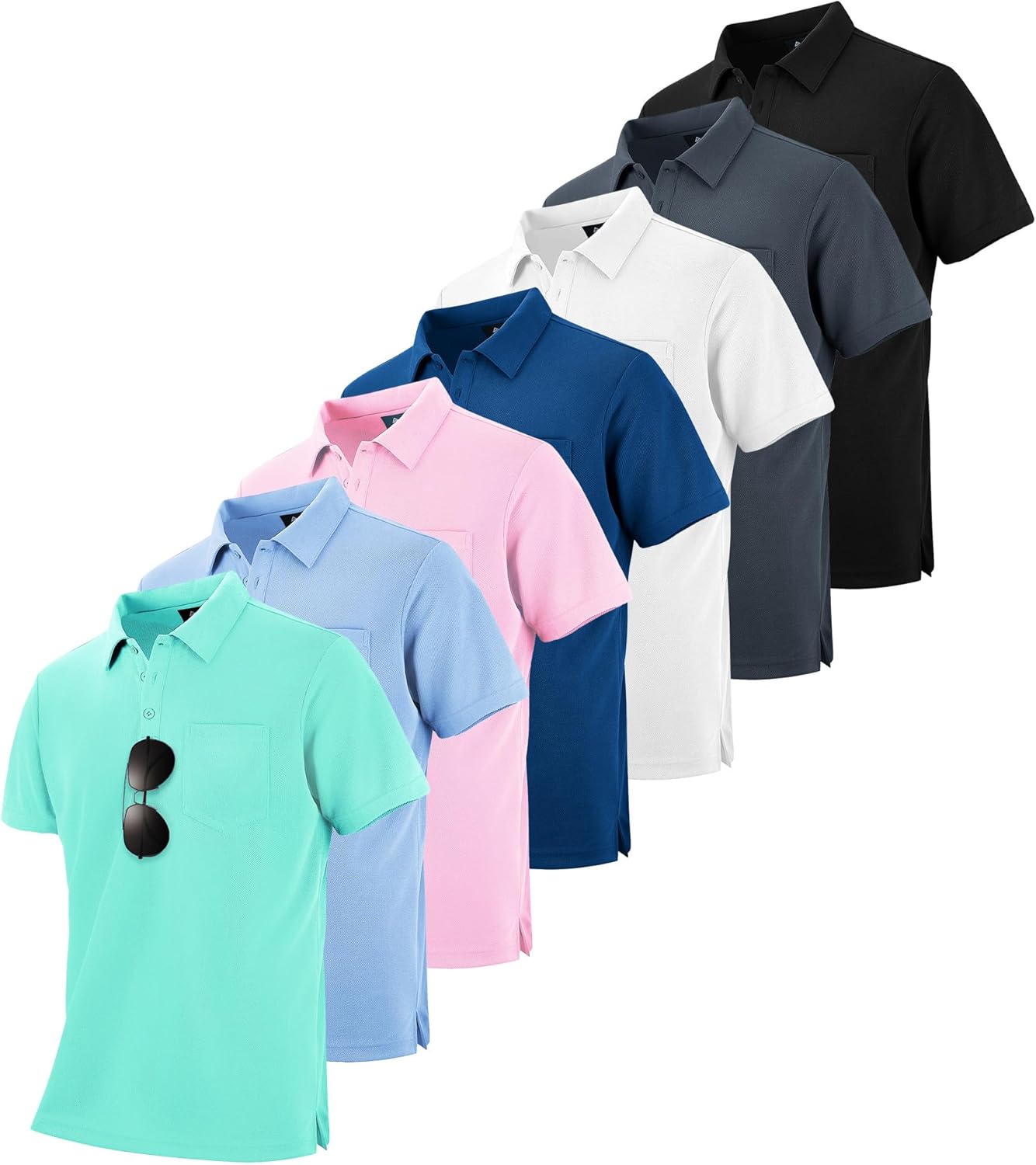 ZITY 7 Pack Mens Polo Shirts with Pocket Moisture Wicking Short Sleeve Outdoor Golf Athletic Work Multipack Shirts