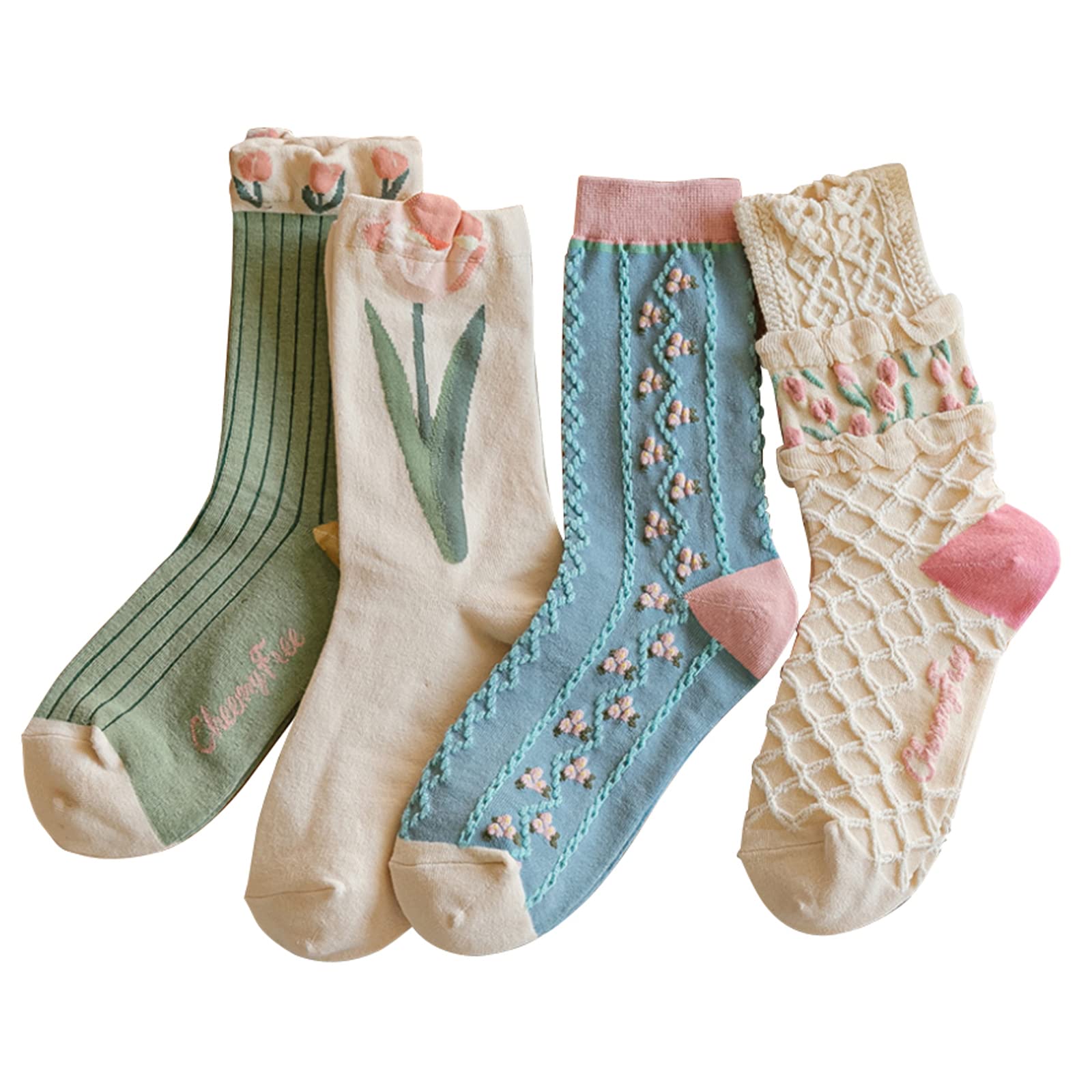 Cute Floral Crew Socks for Women Teen Girls Flower Cottagecore Frilly Vintage Fancy Cotton Socks