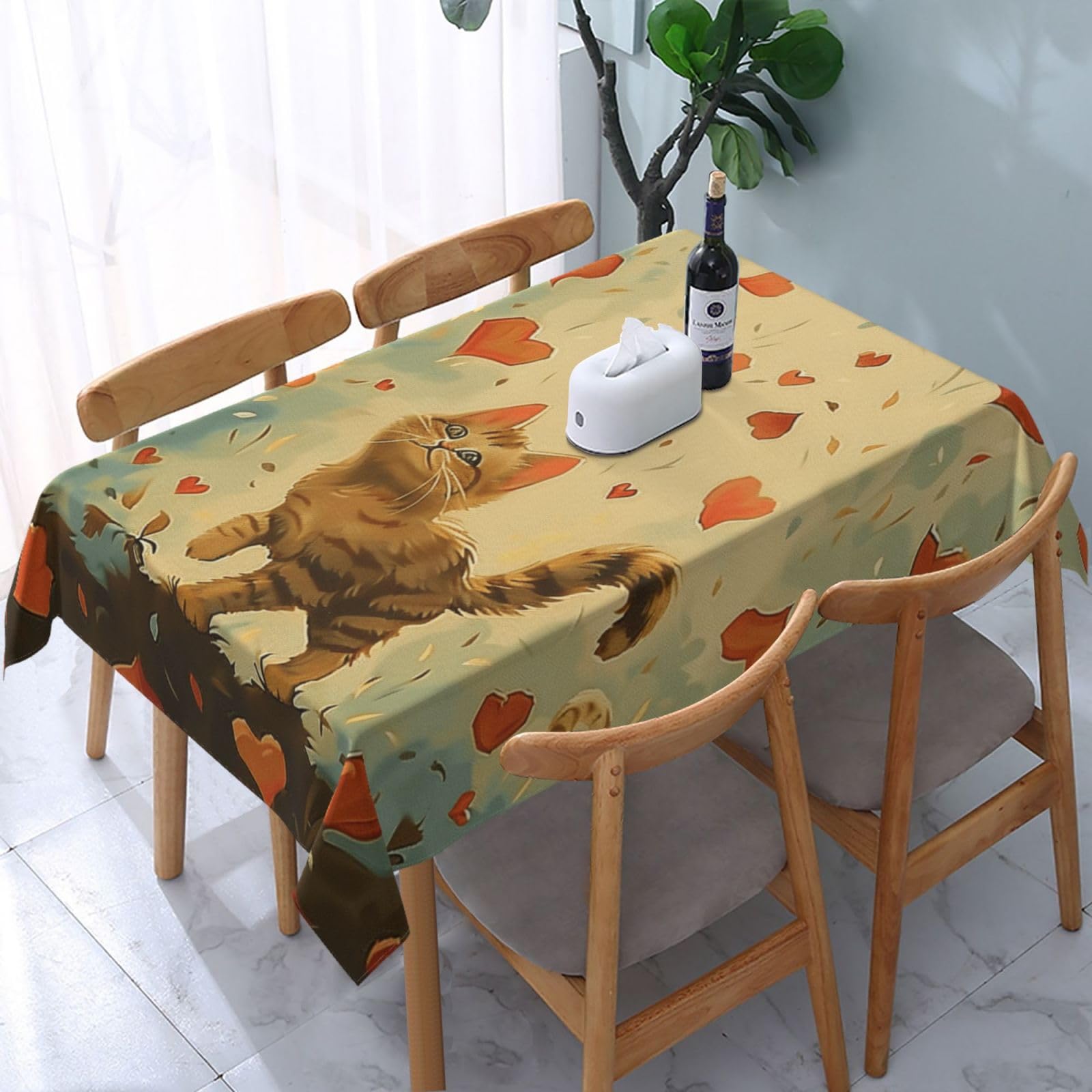 WPKJU Happy Walking Kitty Printed Tablecloth Water Resistant Table Cover Washable Rectangle Table Cloth for Tables 54x72 in