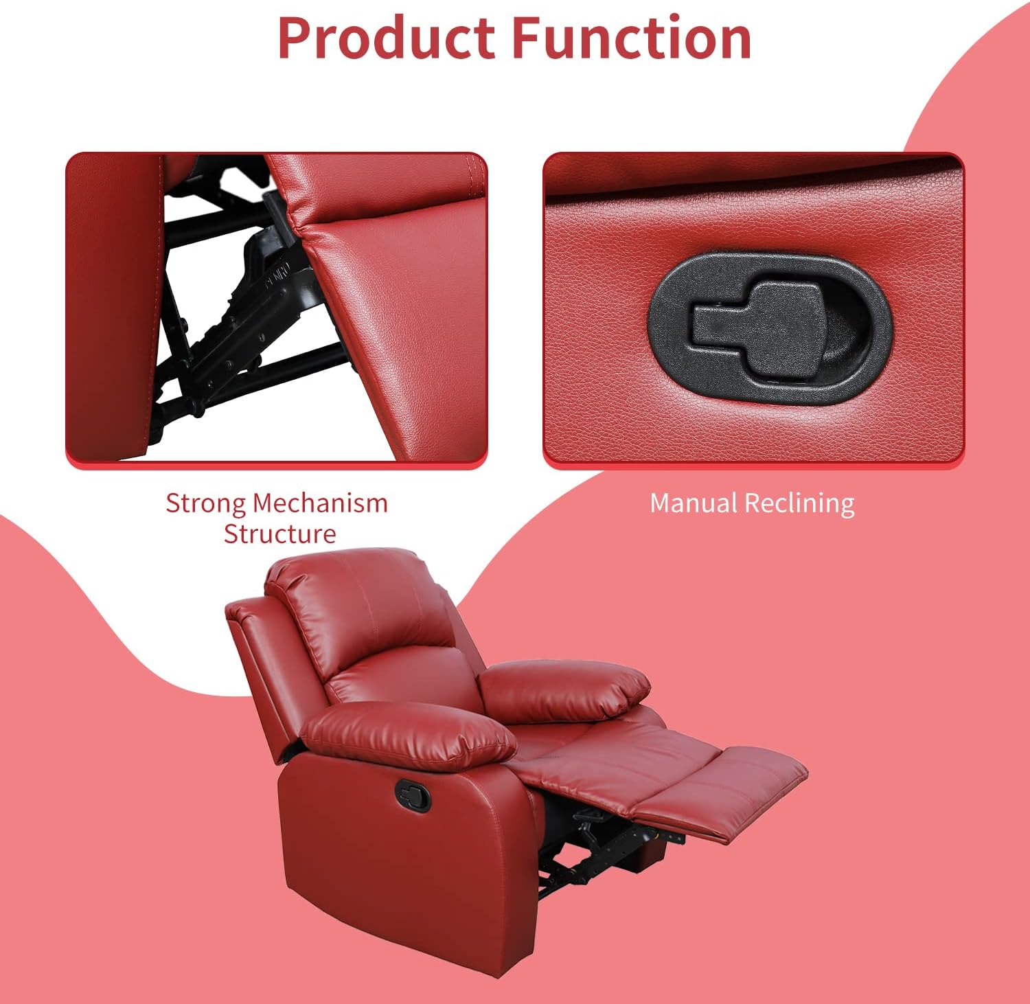 2 Seaters Recliner Loveseat, Leather Reclining Couch with Cup Holder and Center Console for Living Room/Apartment/Office, Red