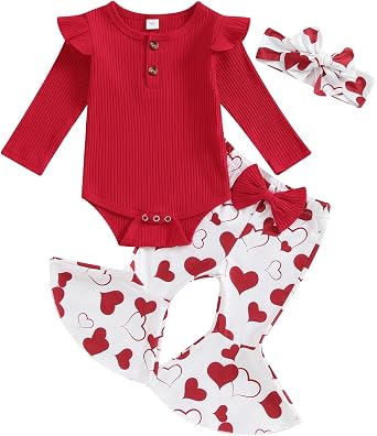 Valentines Day Baby Girl Outfit Infant Long Sleeve Romper Heart Flare Pants With Headband Toddler Clothes Sets