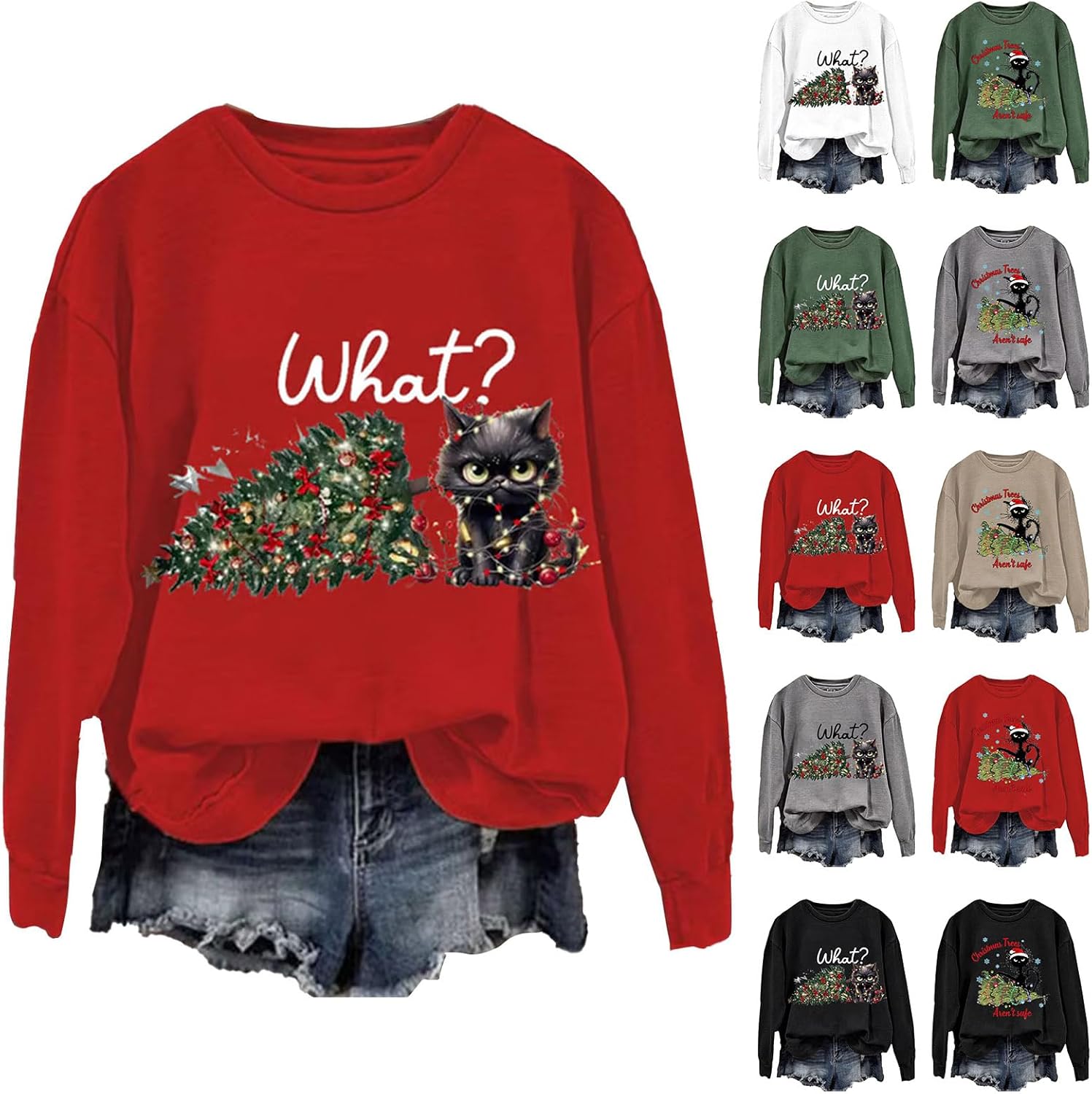 Christmas Sweatshirts for Women Cute Cat Graphic Crewneck