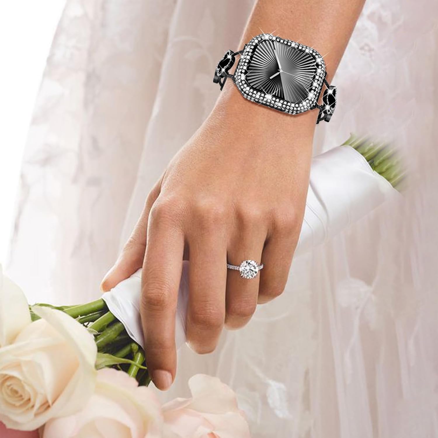 WINGLE 2-in-1 Waterproof Bling Case for Apple Watch 44mm Screen Protector Case SE 3/2/1 Series 6 5 4, Diamond Protective Face Cover Apple Watch 44 mm iWatch Crystal Rhinestone Bumper Women, Black - Image 9