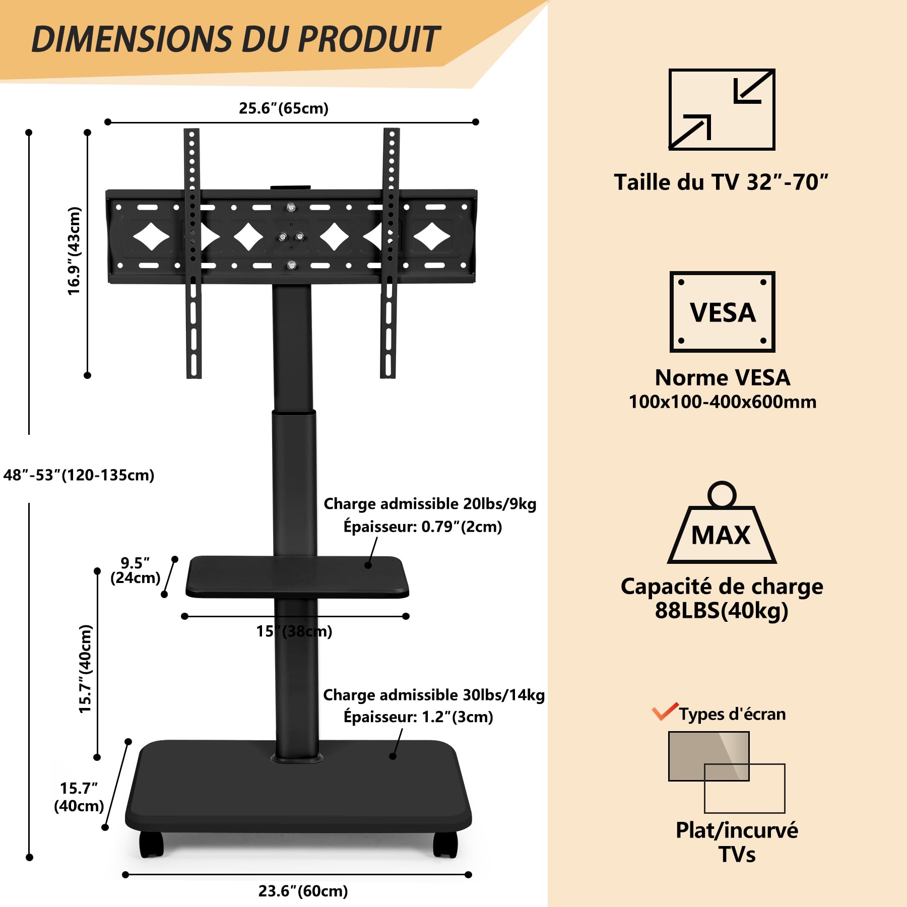 Support TV à roulettes pour TV Plats/incurvés LED/LCD/OLED de 32-70" (jusqu'à 45kg). Chariot TV Mobile réglable en Hauteur pour Ordinateur Portable, pour Chambre, Bureau, d'étudiant, extérieur, Noir