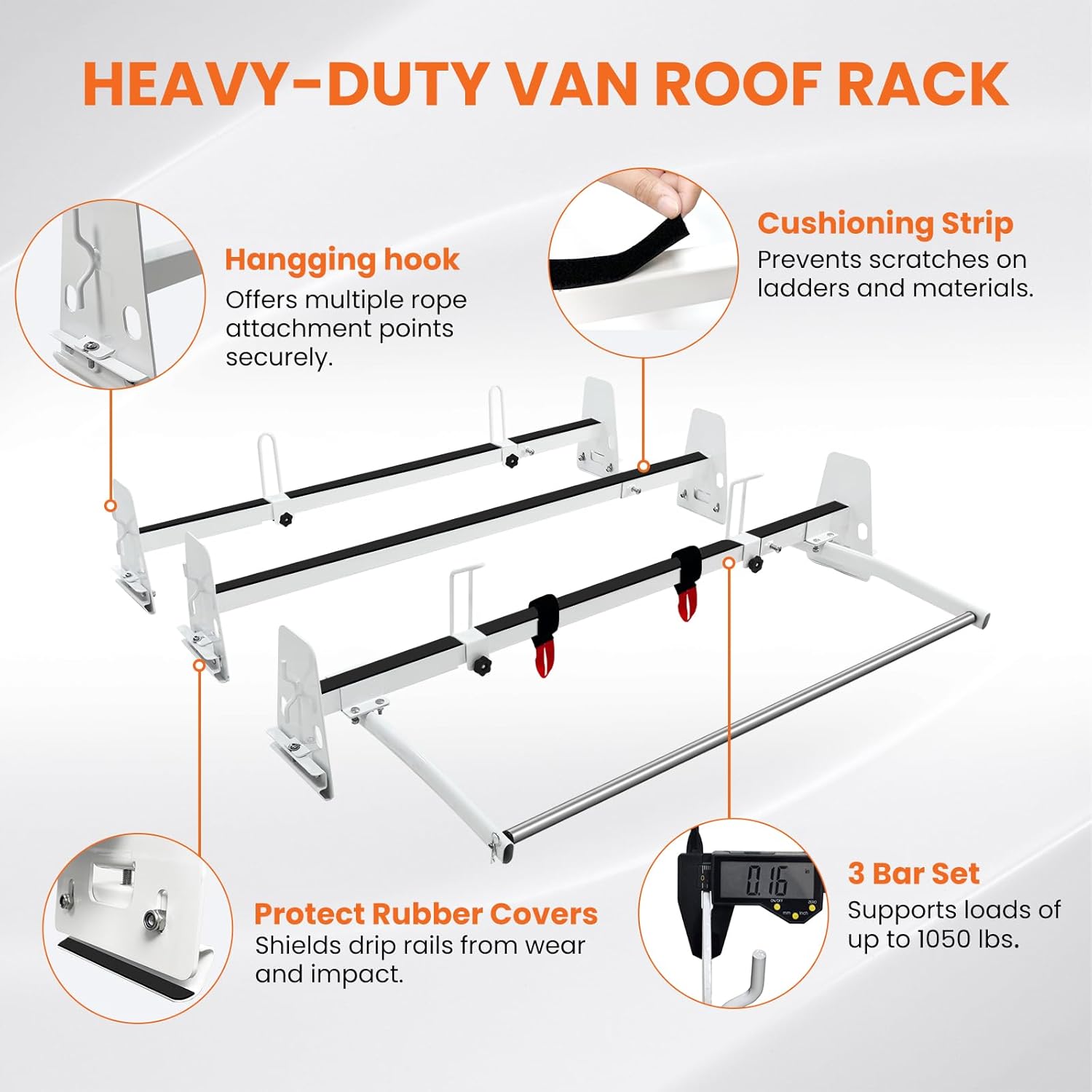 Van Roof Ladder Rack, 3 Adjustable Crossbars (48"-67") with Rain Gutter Mounts, Compatible with Chevy Express 1500/2500/3500 and GMC Savana Cargo Vans with Rear Roller