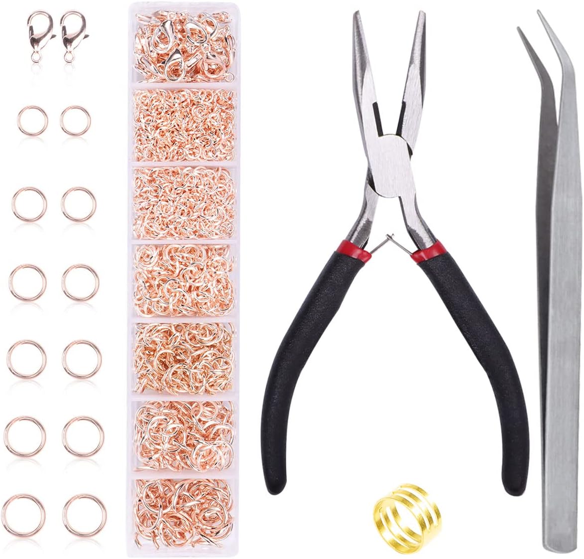 YUGDRUZY Jump Rings for Jewelry Making Kit, 1500 pcs Jewelry Repair Kit for Necklace Bracelet, Lobster Clasps and Closures Repair Supplies Kit with Pliers Tweezers-Rose Gold