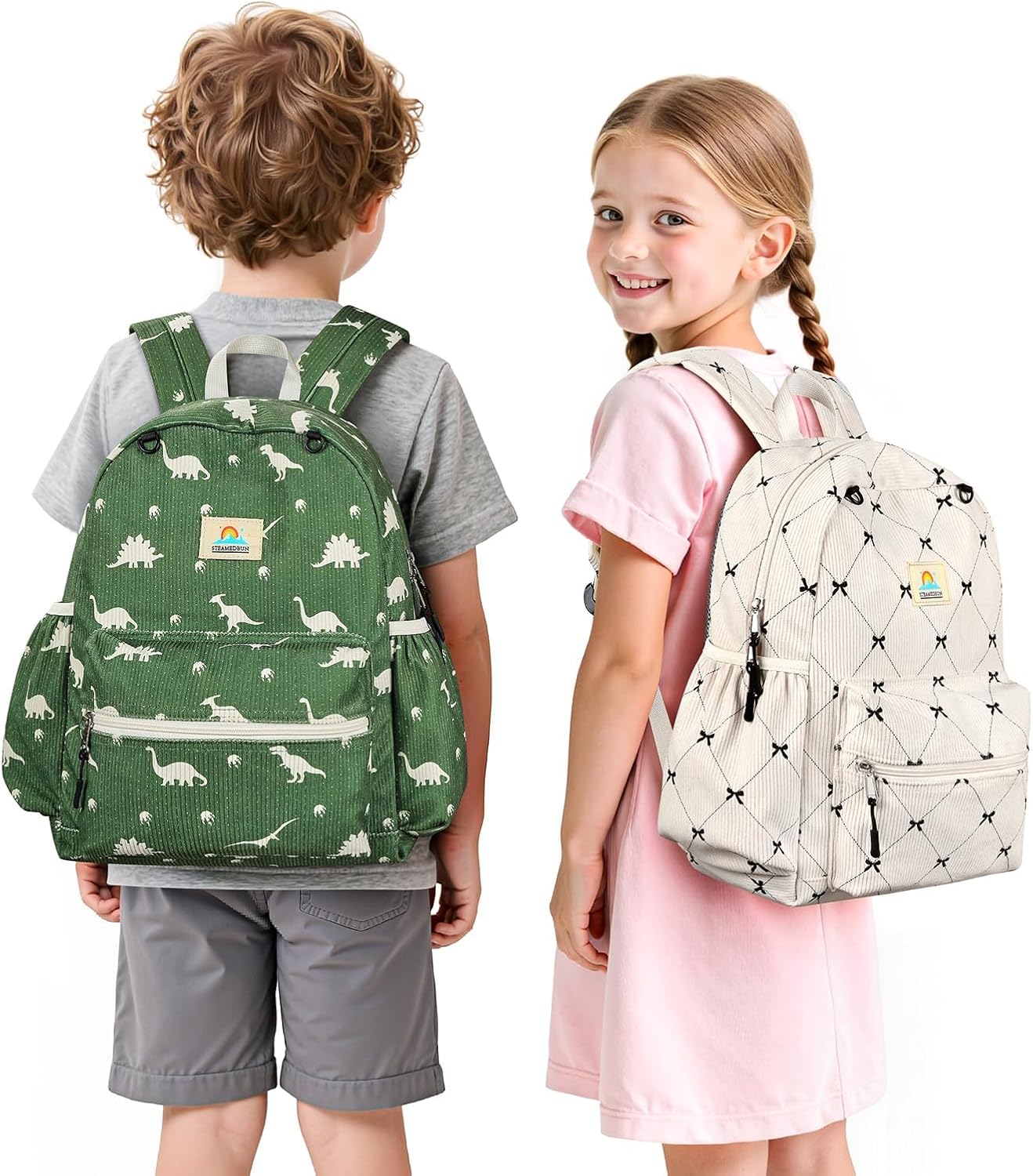 STEAMEDBUN Corduroy Kids Backpack for Girls and Boys 5-8: Girls Backpack for Elementary Kindergarten - 15 inch Cute Backpacks for Kids - Bow - Image 2