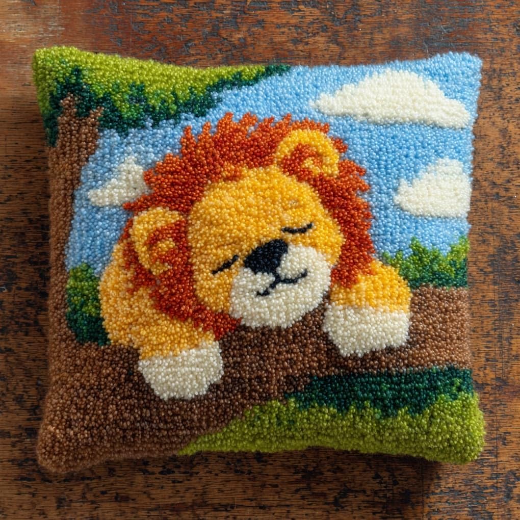 Henypt Latch Hook Pillow Making Kit 43x43cm,Sleeping Lion cub Printed Canvas Needlework Set,Relaxing Handmade Craft for Home Bedroom Decoration