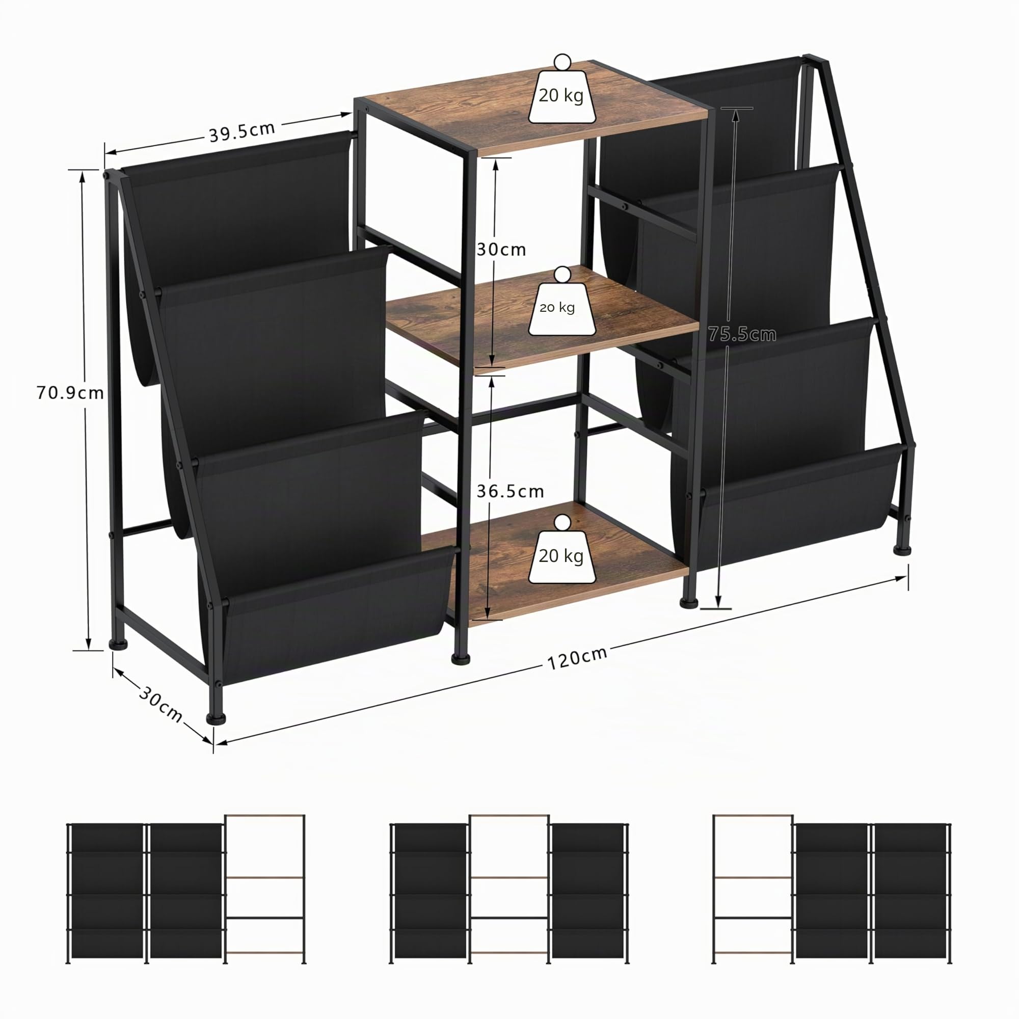 VEDECASA - Libreria con 3 ripiani per libri, tavolo laterale con scaffale a 3 livelli, porta dischi in vinile, porta dischi per soggiorno, con lettore vinile, per un massimo di 200 album