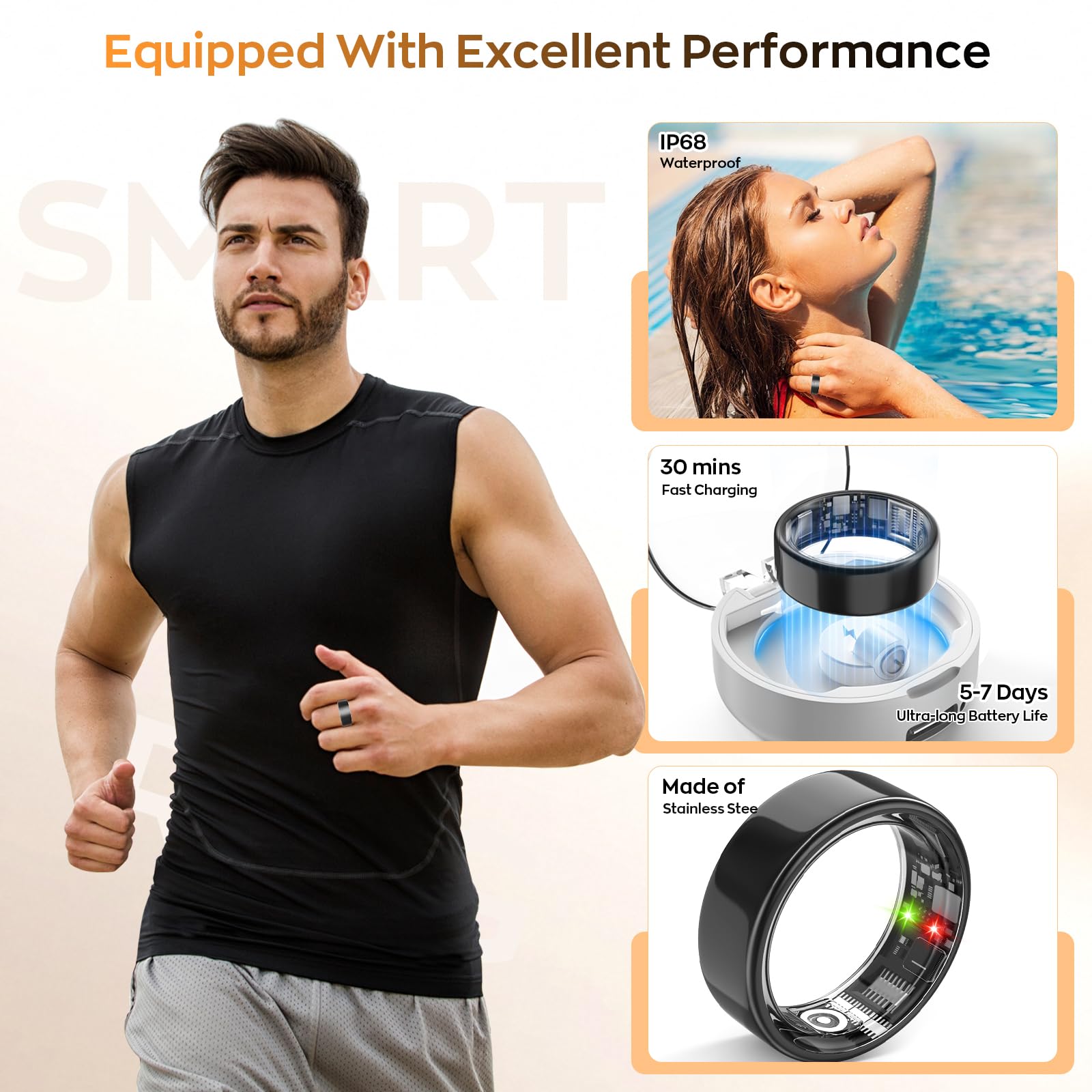 Fitness Tracker con frequenza cardiaca, ossigeno nel sangue, pressione sanguigna, monitoraggio del sonno, contapassi, senza costi di abbonamento, anello intelligente impermeabile IP68, per iPhone e