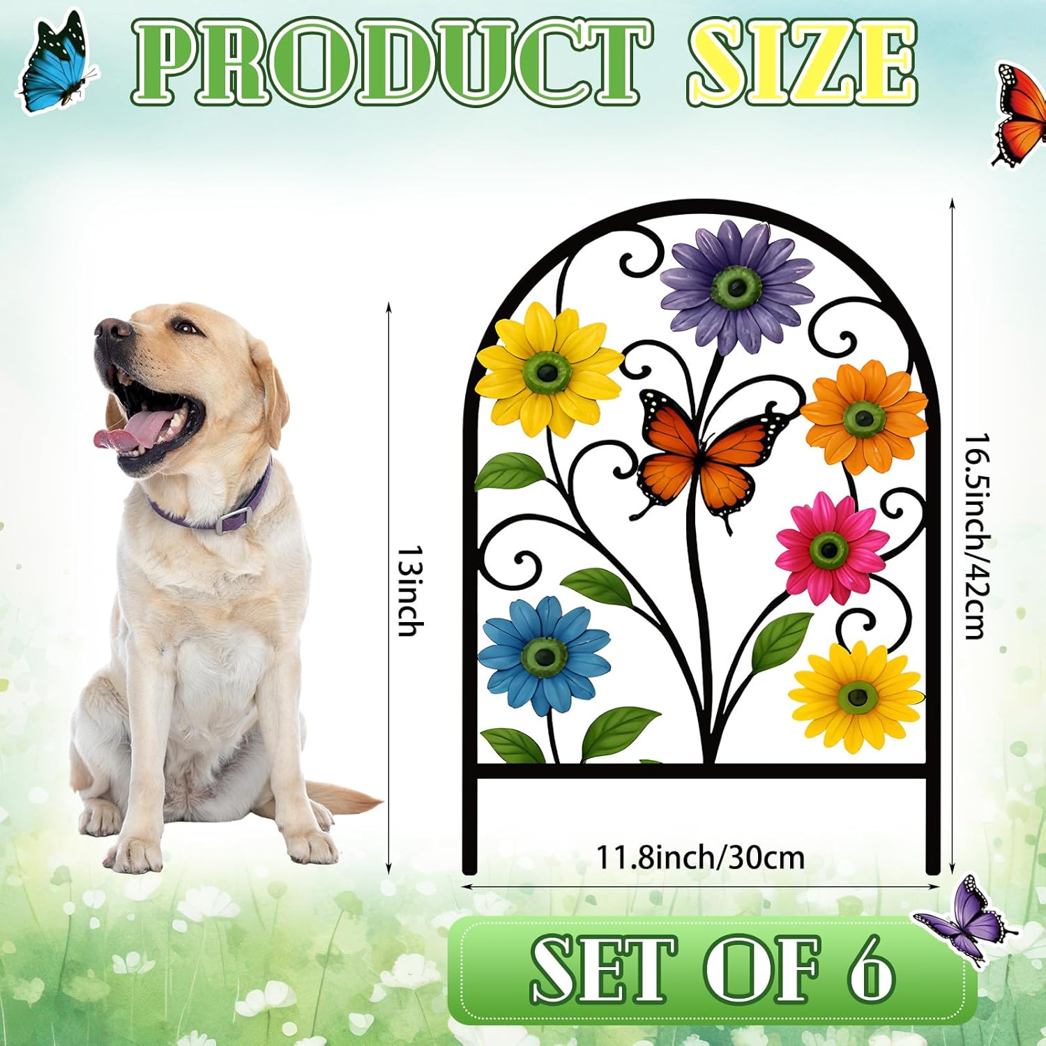 Flower Decorative Garden Fence, 6 Pack 16.5''h x 11.8''w Metal Animal Barrier Border, Floral Butterfly Design Arched Garden Fence Panels for Spring Outdoor Yard Lawn Patio Flower Bed Decor