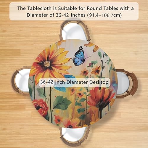 Vista 316 de Mantel redondo ajustable con borde elástico, mantel de hojas coloridas abstractas, impermeable, lavable, para mesas redondas, ideal para picnic