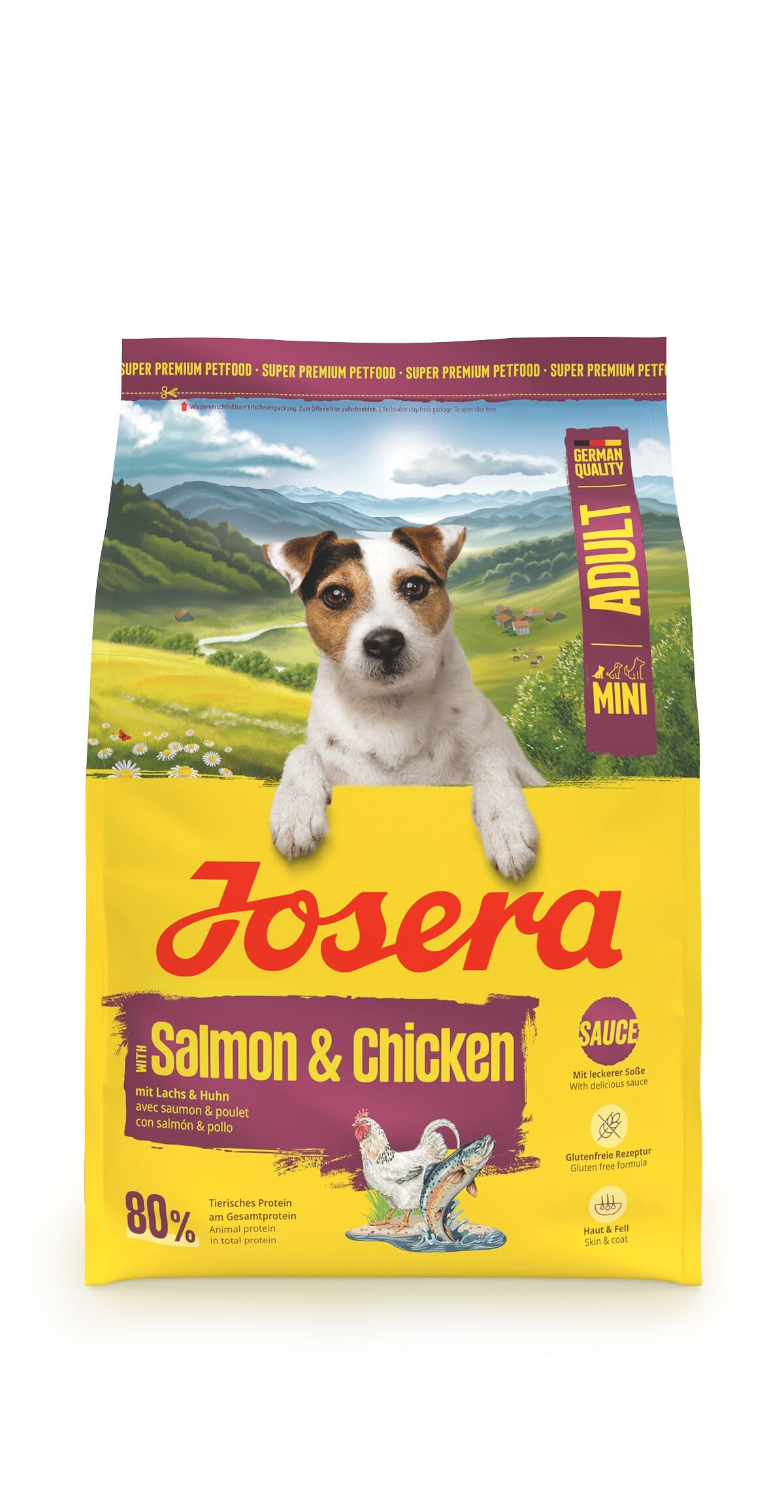 JOSERA Mini Adult Lachs & Huhn (1 x 3 kg) | Premium Trockenfutter für ausgewachsene Hunde Kleiner Rassen | mit Biotin | kleine Kroketten | mit leckerem Soßenpulver auch nass zu verfüttern | 1er Pack