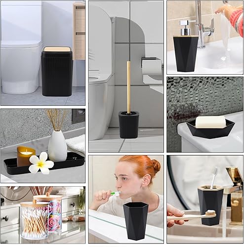 Miniatura 2 de Juego de accesorios de baño negros de 10 piezas basura, dispensador de jabón, funda de pañuelos, jabonera, soporte para cepillo de inodoro, soporte