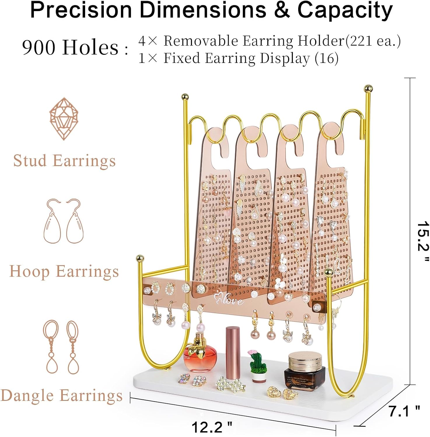 Keebofly Amber Arcylic & Electroplated Gold Earring Organizer Holder for Girls, Tweens & Women - 900 Holes Jewelry Display Stand with Warm Radiance for Studs, Hoops, Dangles - Modern Vintage Gift