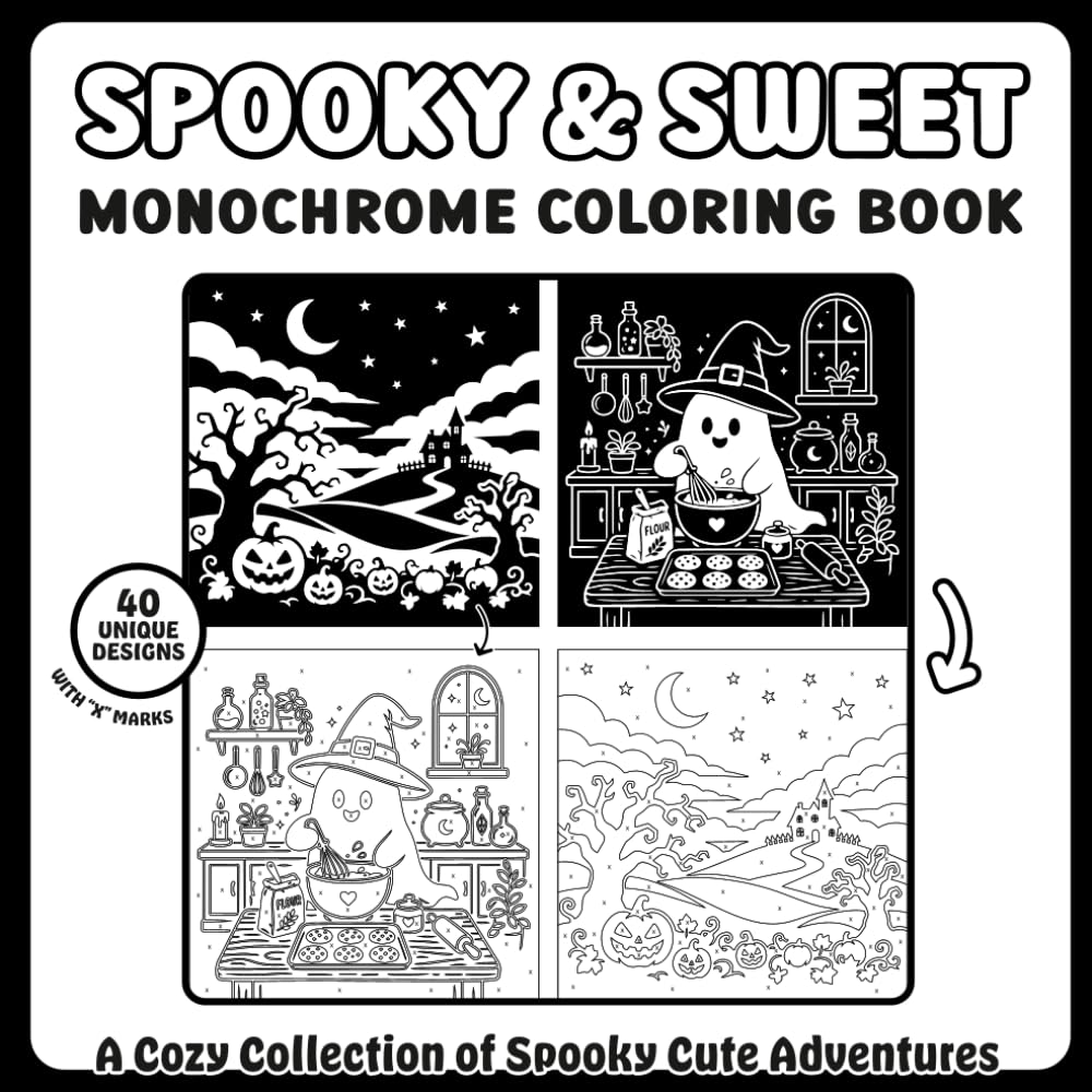 Spooky & Sweet Monochrome Coloring Book: Cute Cozy Halloween Scenes to Fill with One Color (Cozy Monochrome Series)