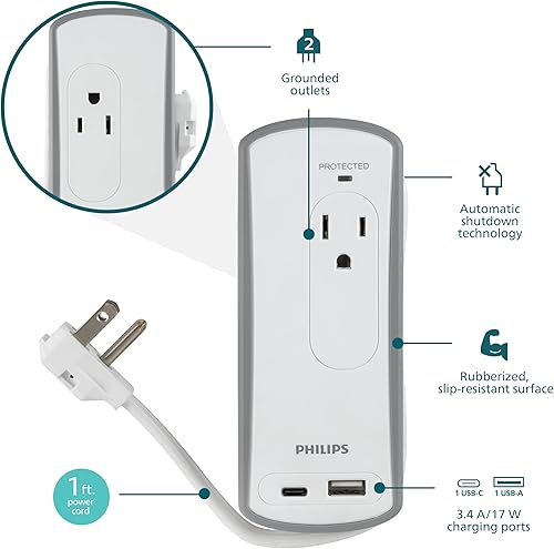 Miniatura 3 de Philips 2-Outlet Travel Surge Protector, 2 USB 1A/1C, 5V/3.4A, 300J, 1 Ft, Grey/White, SPP2111WA/37
