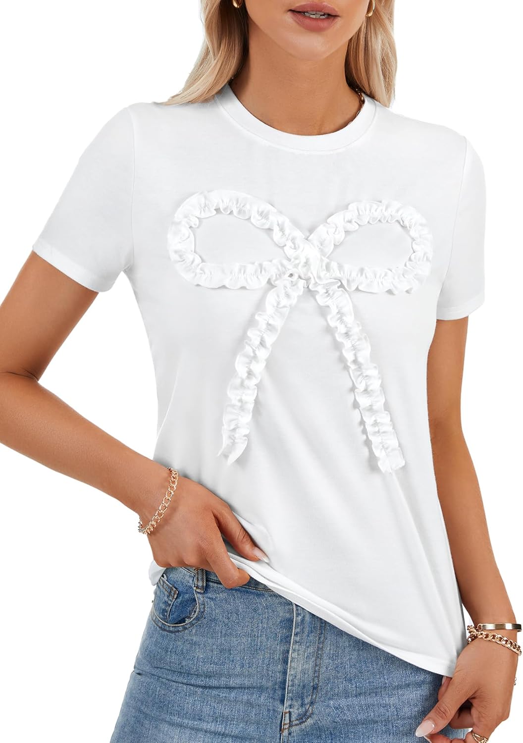 Rooscier Women's Bow Frill Trim Crew Neck Short Sleeve Cute Casual Tee Shirt Tops - Image 4