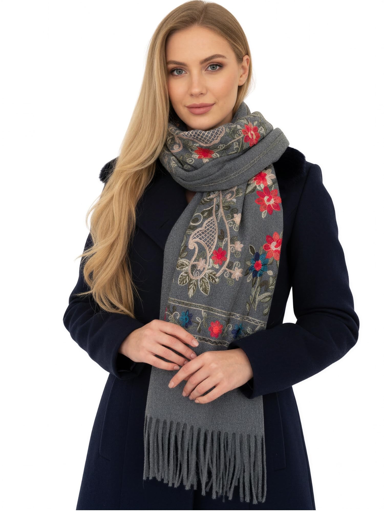 Women Pashmina Scarf Shawl Wrap, Large Long Paisley Floral Rainbow Ladies Scarves, Wearable Winter Blanket Scarfs, Indian Shawl Wedding Evening Stole, Cashmere & Cotton (Grey Rainbow Floral)