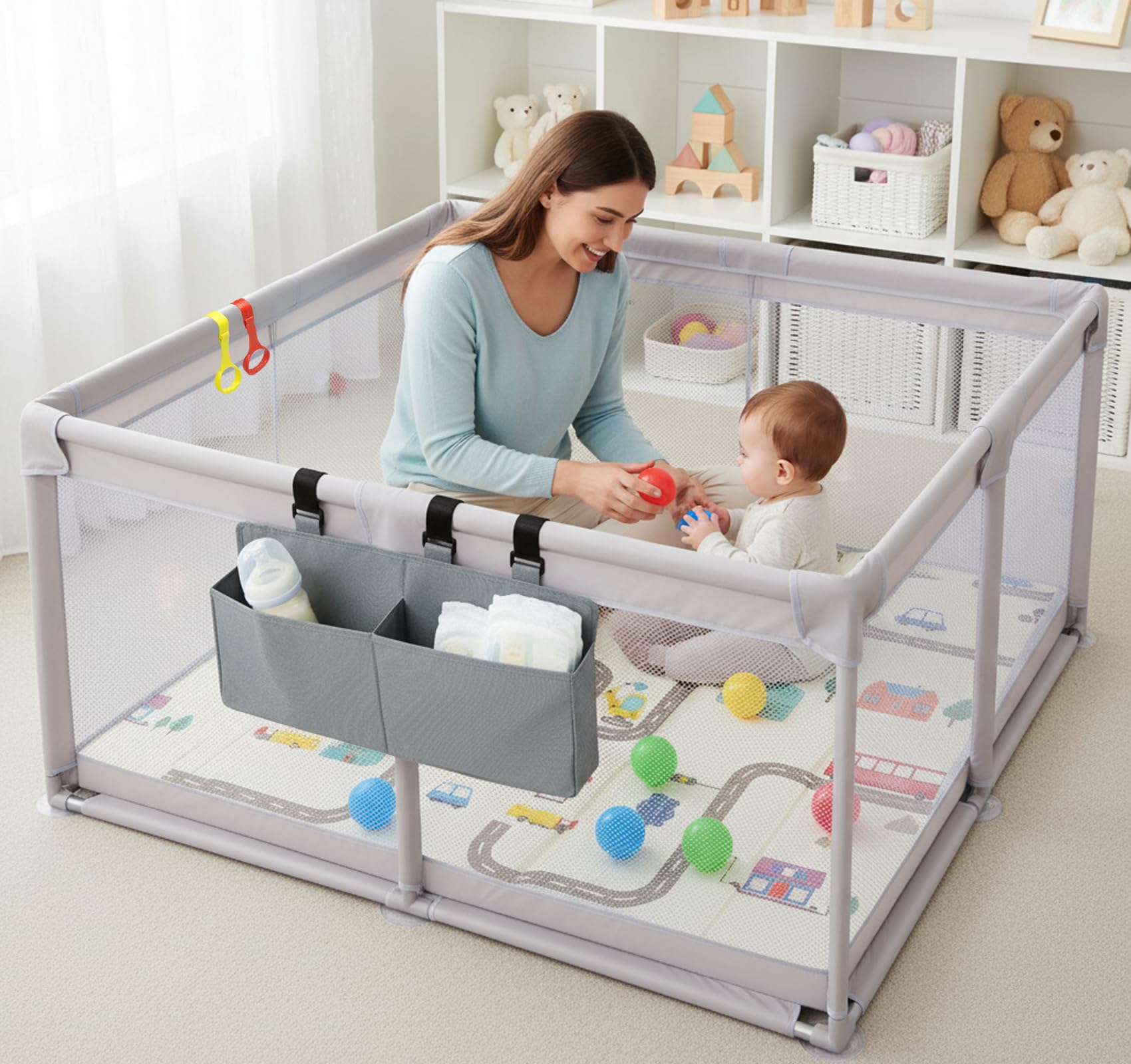 Laufstall Baby 120x120 cm mit Spielmatte und 2 Aufbewahrungstaschen,Laufgitter Baby mit Matratze,Baby Playpen aus 600D Oxford,Atmungsaktives Laufgitter,Sicherer Spielbereich für Babys und Kleinkinder