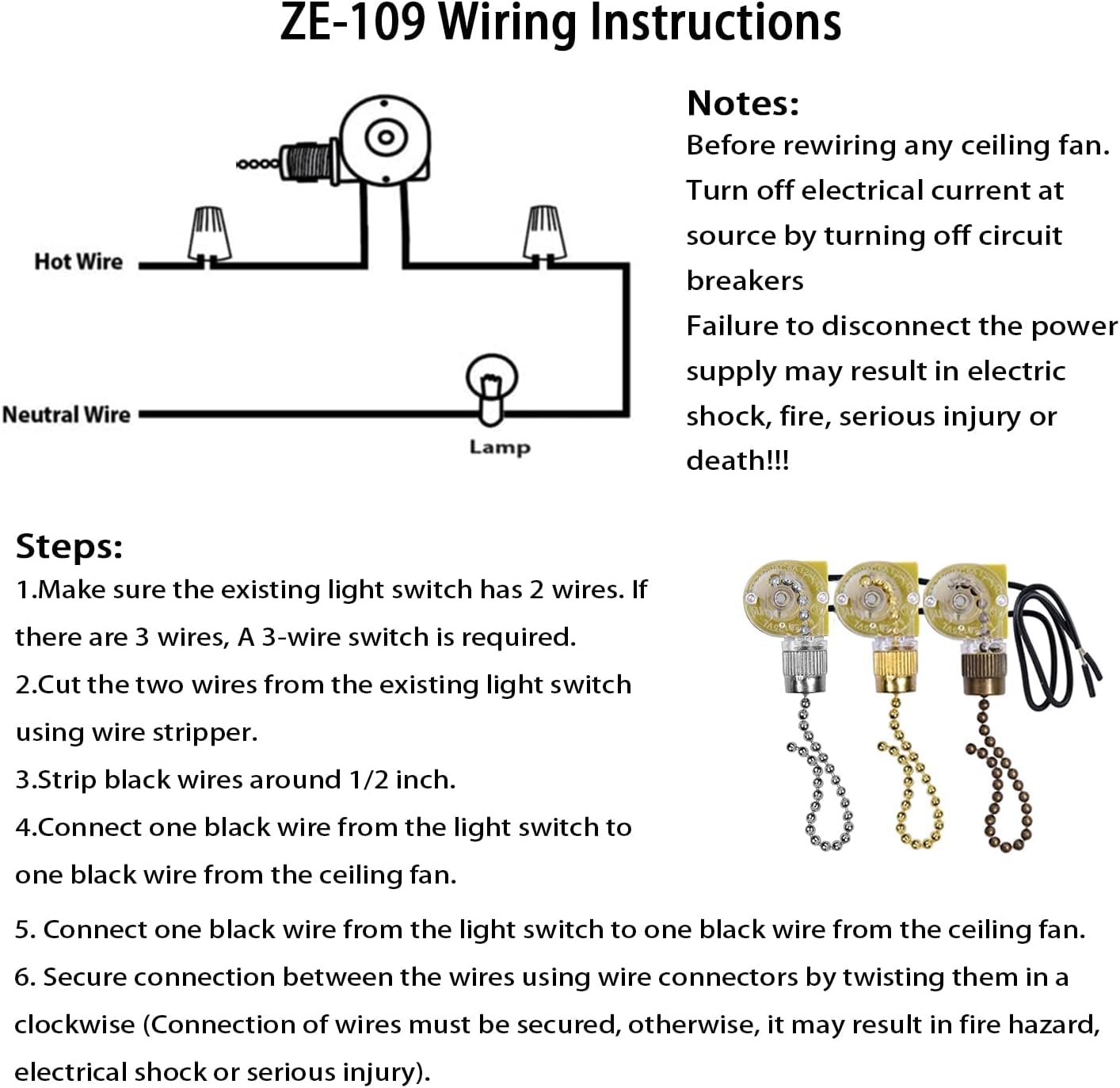 Ceiling Fan Switch Zing Ear ZE-109,Two-Wire Light On-Off with Pull Chain Cords Compatible with Hunter Ceiling Fans Lights Lamps and Wall Lights, Nickel Replacement 1 Pack