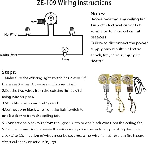 Miniatura 10 de Zing Ear ZE-109 - Interruptor de luz de dos cables con cables de tracción para ventiladores de techo, lámparas y luces de pared, interruptor de