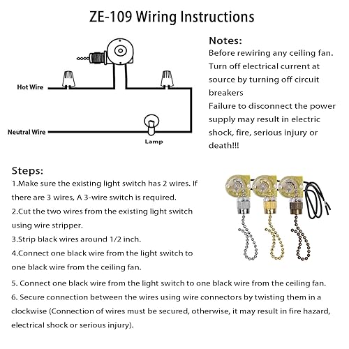 Miniatura 5 de Interruptor de luz para ventilador de techo Zing Ear ZE-109, reemplazo de control de encendido y apagado de dos cables, compatible con ventiladores
