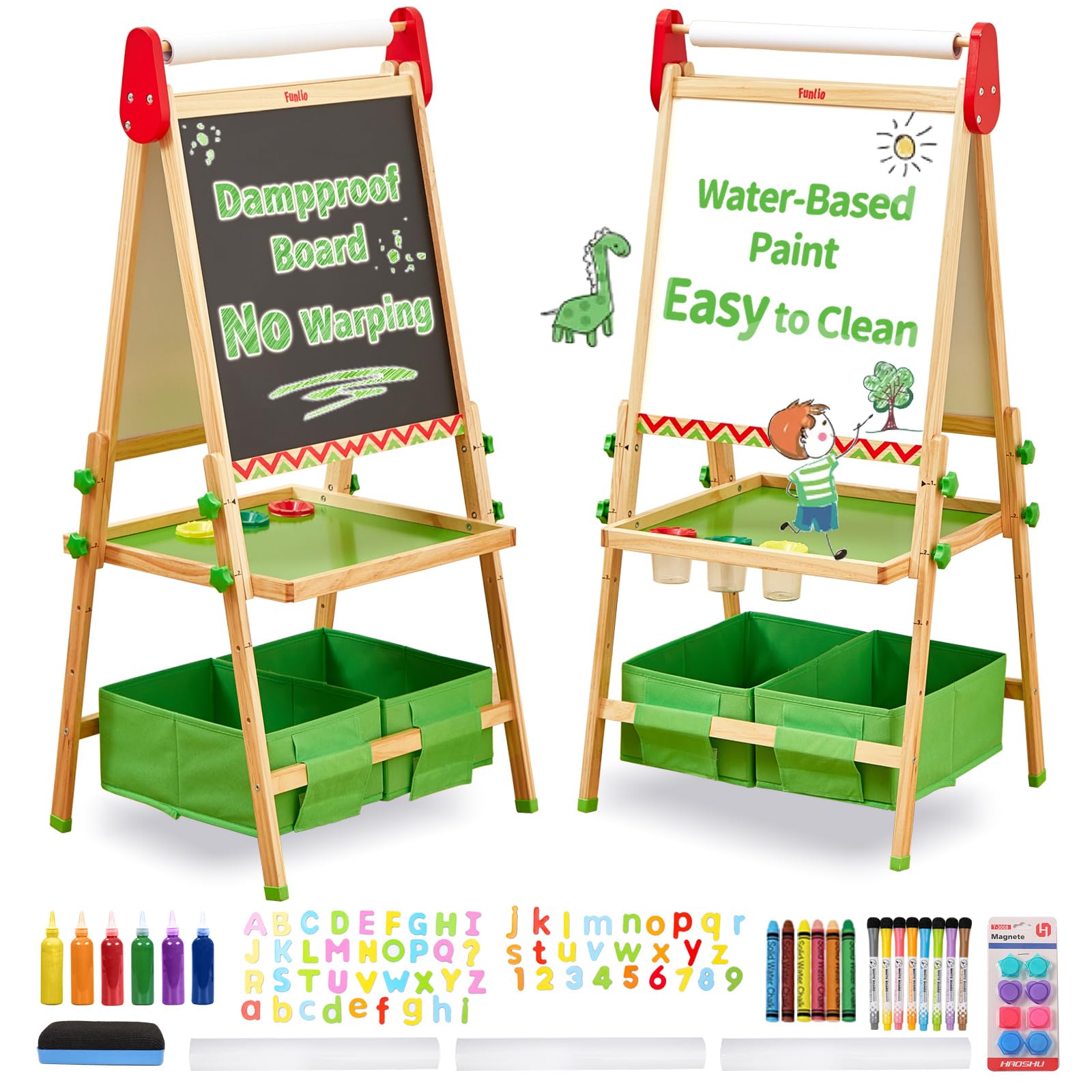 FUNLIO Art Easel for Kids Aged 3-8, Anti-Warp Board & Erasable Frame, 3 Height Adjustable, Toddler Painting Easel with Paper Roll, All-in-One Standing Easel with Magnetic Chalkboard/Whiteboard - Green — image 1