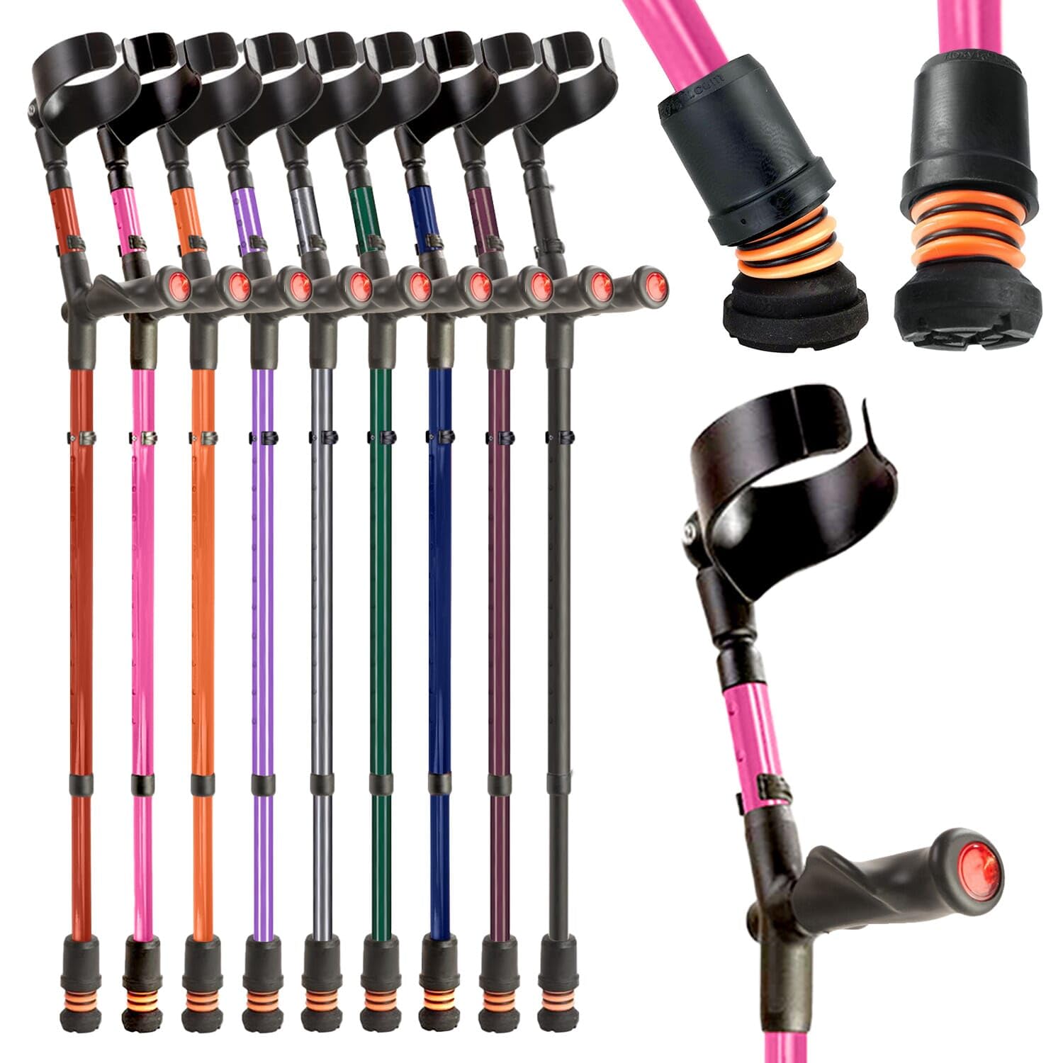 Flexyfoot Shock Absorbing Comfy Grip Double Adjustable Crutch - Improves Safety, Improves Grip, Reduces Shocks & Jarring – Left Handed - Pink