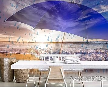 Amazon Co Jp 不織布壁紙3dアート壁画 ビーチ雨滴傘サンセット 居間のソファの背景のためのdiyの壁紙の装飾 250x175cm Diy 工具 ガーデン