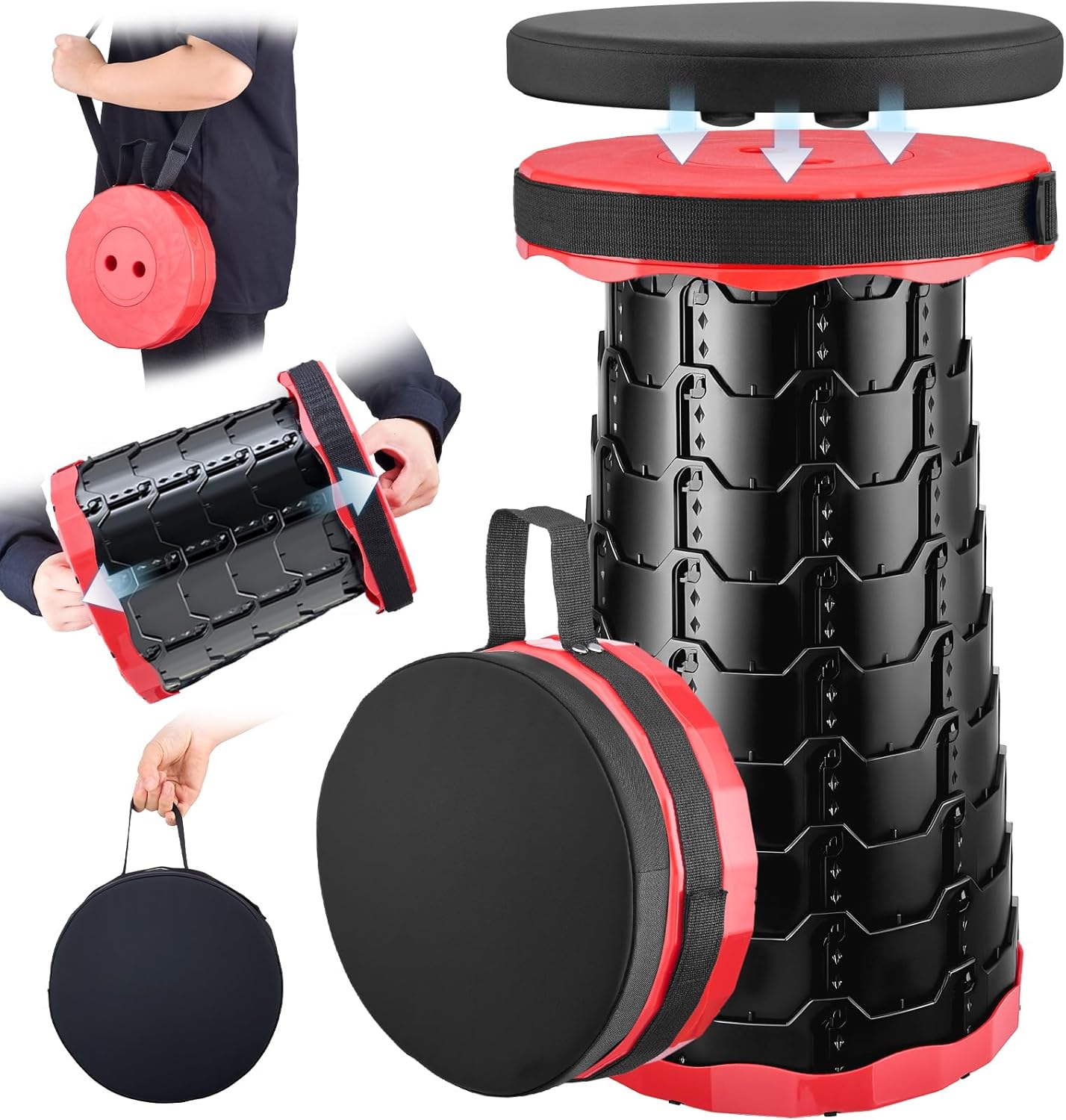 2026 Upgraded Collapsible Stool with Cushion, Portable Folding Stool for Adults Heavy Duty, Camping Stools for Outdoor Camping Travel Hiking Fishing, Adujstable Folding Chair Footrest,Red