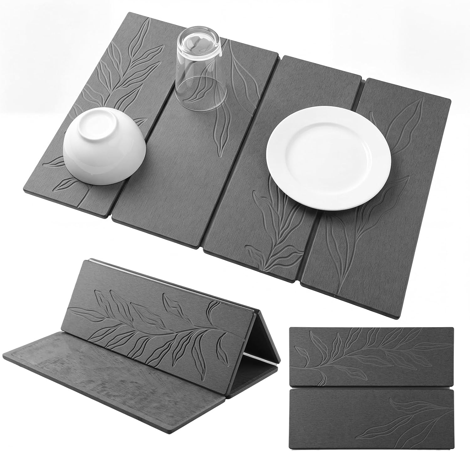 Stone Dish Drying Mat for Kitchen Counter, 24 x 16'' Large Foldable Absorbent Diatomaceous Earth Mat for Dishes, Bottles, Cups, Match Any Countertop, Boho Minimalism Leaves