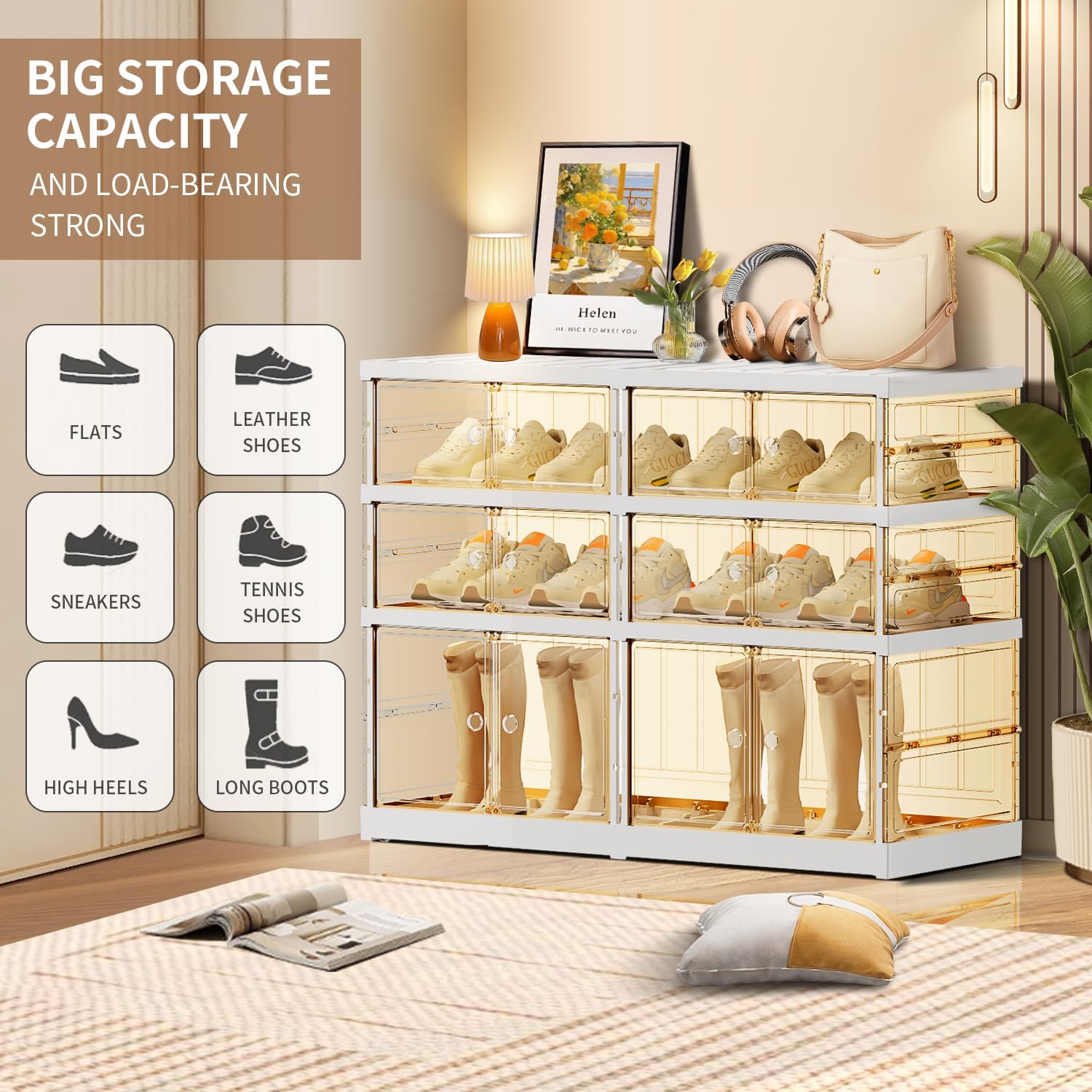 CIMLORD 3-Tier Foldable Shoe Rack for Closet Entryway 6-12Pairs,Stackable Clear Shoe Storage Boxes Organizer with Door Plastic Small Shoe Cabinet Bins with Lids Narrow Shoe Shelf Easy Assembly