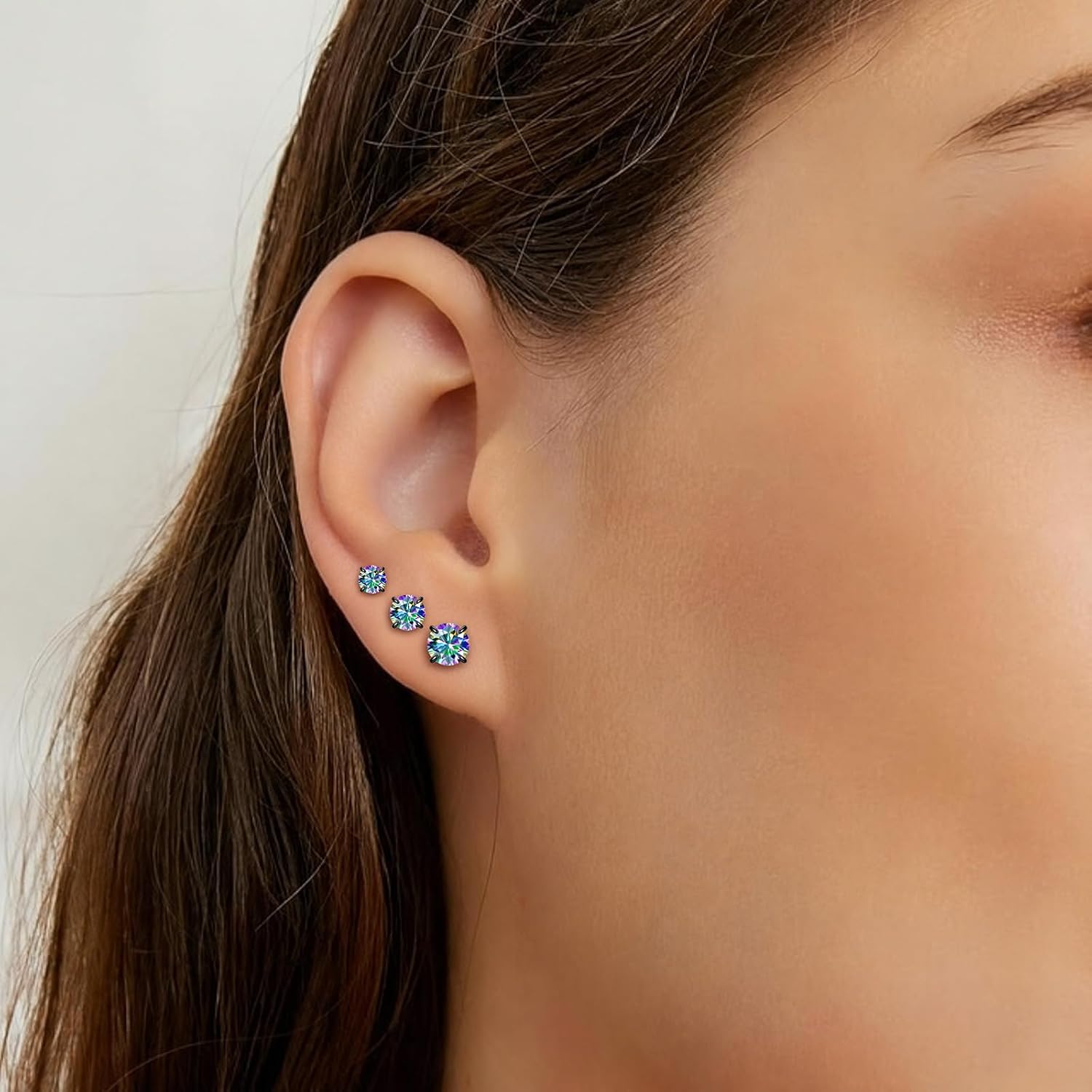3 Pairs Moissanite Flat Back Stud Earrings for Women Men, 3mm 4mm 5mm Hypoallergenic Stainless Steel Spiral Screw Back Earrings 4 Colors Piercing Jewelry for Daily Party Gift