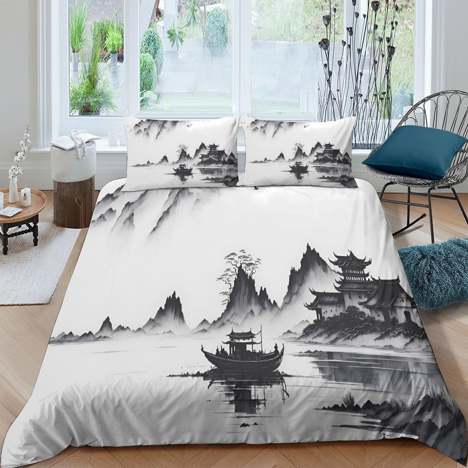 Ctjqhvkz Style-4 3D Printed Chinese Ink Landscape Fitted Sheet Microfiber Soft Breathable Mountain River Bed Cover For Bedroom Guest Room Decor Single（135X200cm）