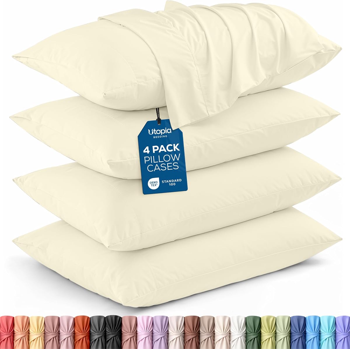 Pillow Cases Standard Size Set of 4, Ultra Soft Comfy Pillow Covers, Ivory | Comfortable Pillow Sham like Pillowcases with Envelope Closure, Breathable Fabric, Fade & Shrink Resistant, Machine Washable