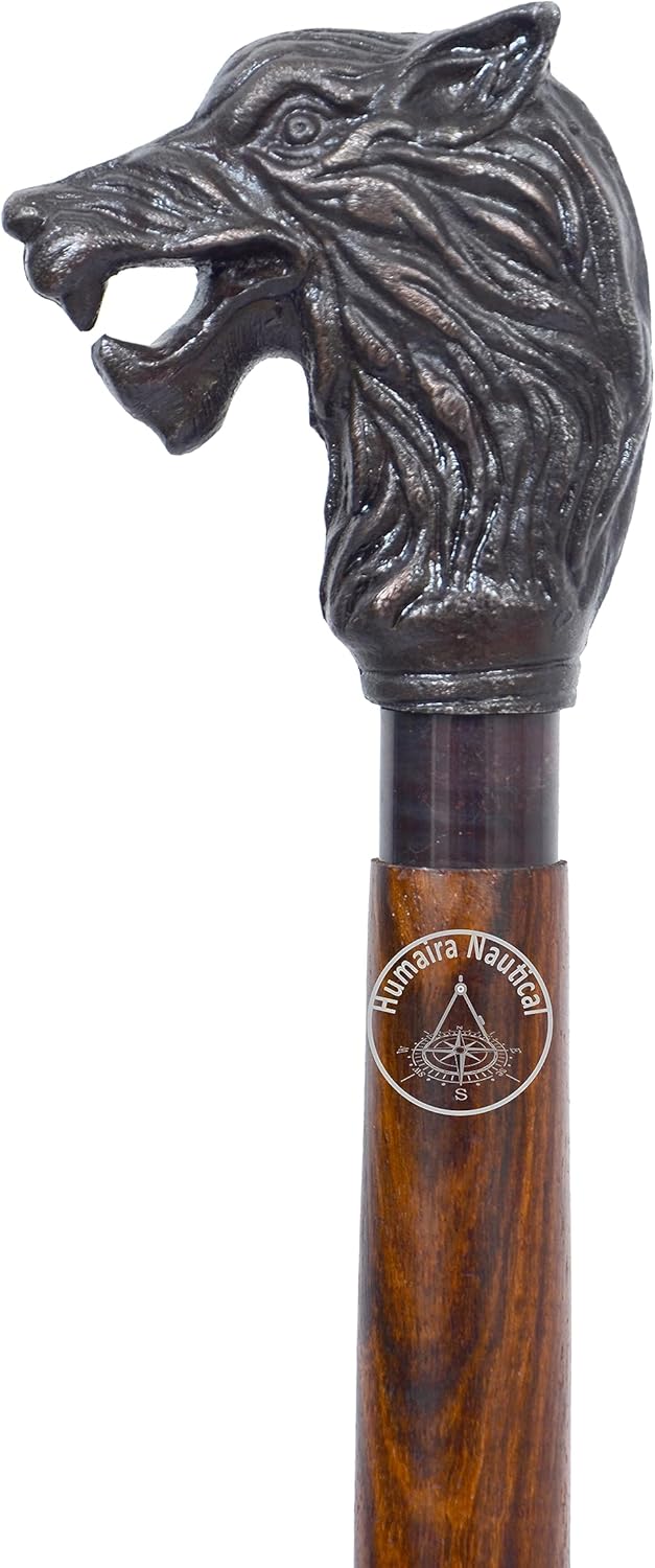 Antique Wolf Head Brass Handle Brown Wooden Walking Stick - Wood Cane with Antique Brass Handle - Unique Vintage Look Decorative Gentleman Walking Sticks and Canes Antique Brass