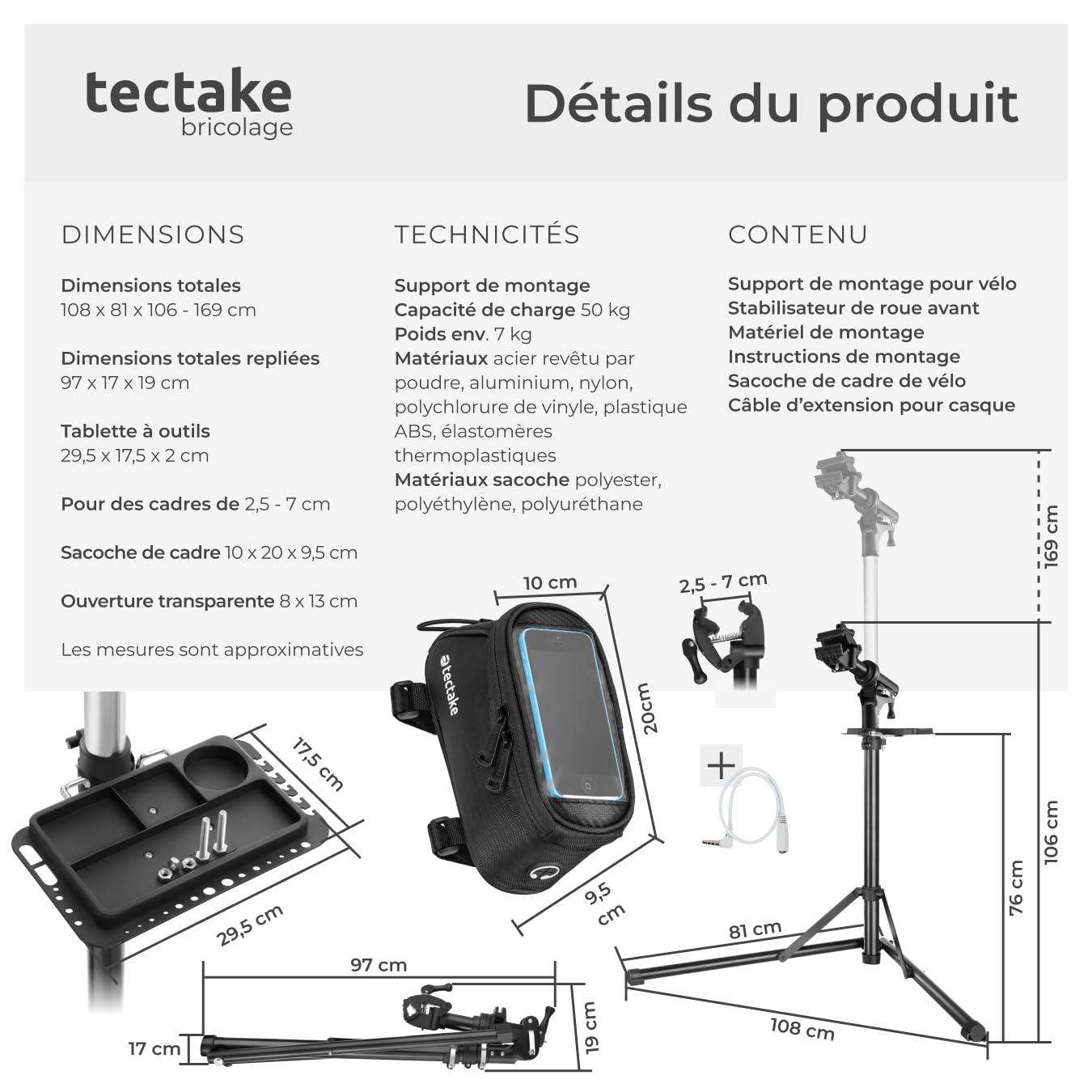 tectake® Set de Support Velo Pieds d'atelier & Sacoche velo, Montage Entretien Reparation VTT Vélo électrique Velo de course, Support pour Outils, Charge max. 50kg Réglable Pliable 108x81x106-169 cm