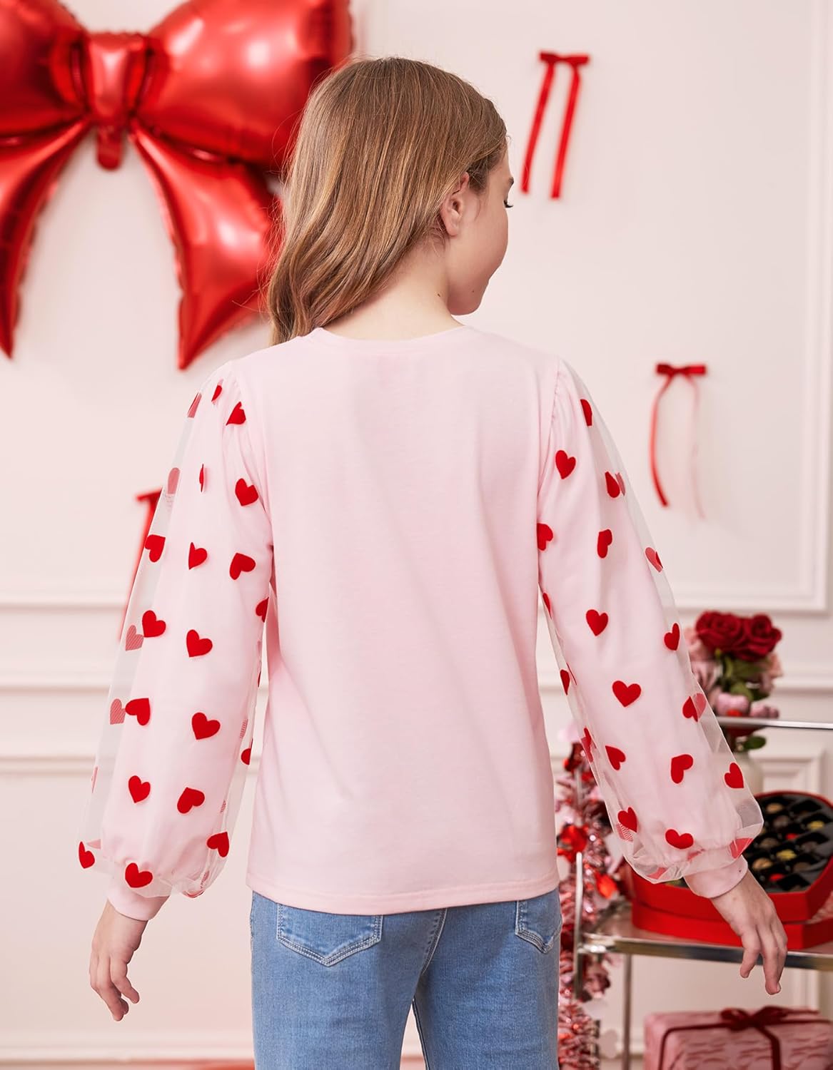 Girls Valentine’s Day Heart Print Top Mesh Long Sleeve Sweatshirt 4-14 Years