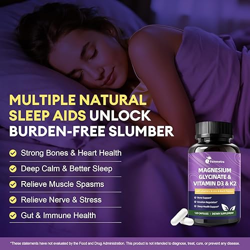 Miniatura 5 de Glicinato de magnesio 600 mg Vitamina D3 K2 Suplemento con zinc, L-teanina y melatonina - Apoyo óseo, energía y control del estado de ánimo, salud