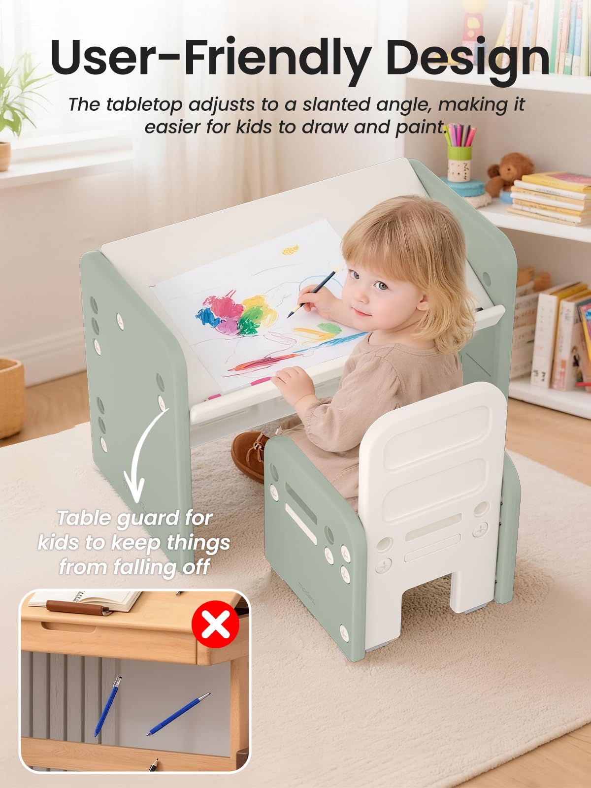 Table Enfant Réglable avec Chaise, Bureau Convertible Multifonctions Vert