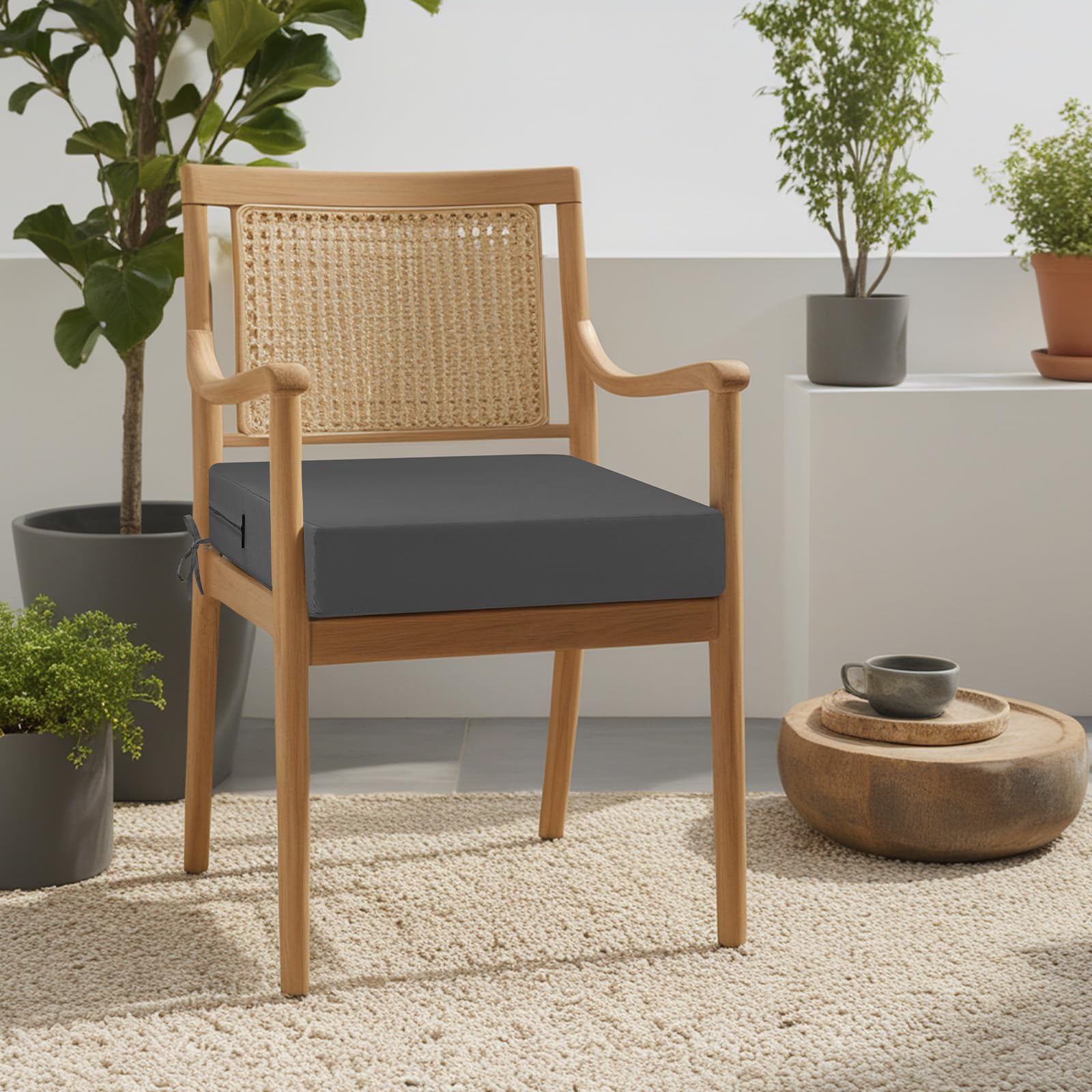 Juego de 2 cojines para silla, 50 x 50, para exteriores, espuma impermeable, para exteriores, jardín, terraza, con cintas, color gris oscuro