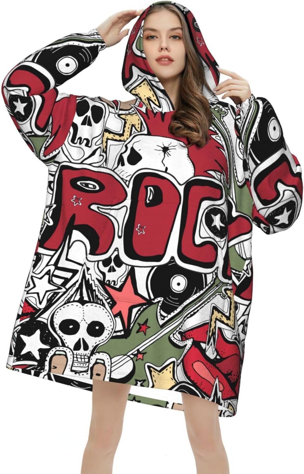 Crazy Punk Rock Abstract Skulls Pins Guitars Disk Stars Lips Unisex Hoodie Blanket, Cosy Oversized Snuggle Sweatshirt with Hood, Soft Flannel Throw for Adults,