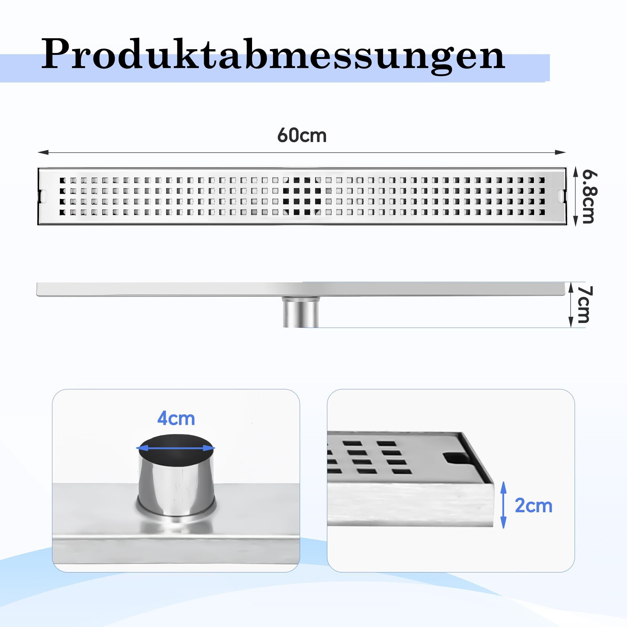 uyoyous Duschrinne 60 cm Italienische aus Edelstahl Bodenablauf | Ablaufrinne mit Haarsieb Duschbodenablauf Linearer Rechteckiger Flach Befliesbar Duschrinne Komplettset