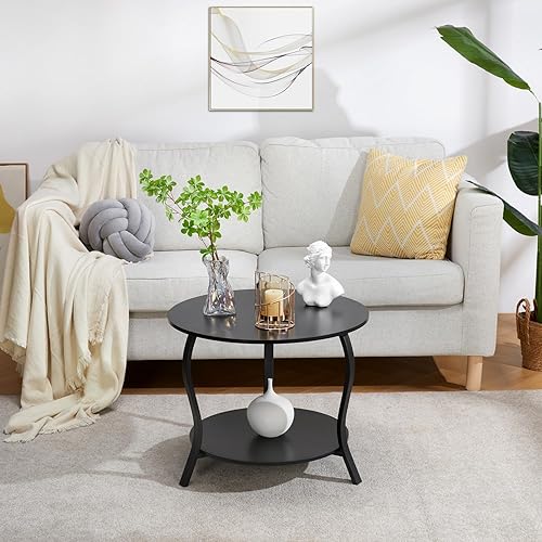 Miniatura 9 de Mesa auxiliar redonda pequeña con almacenamiento abierto, mesas auxiliares de 2 niveles de 23 pulgadas para espacios pequeños, mesa central