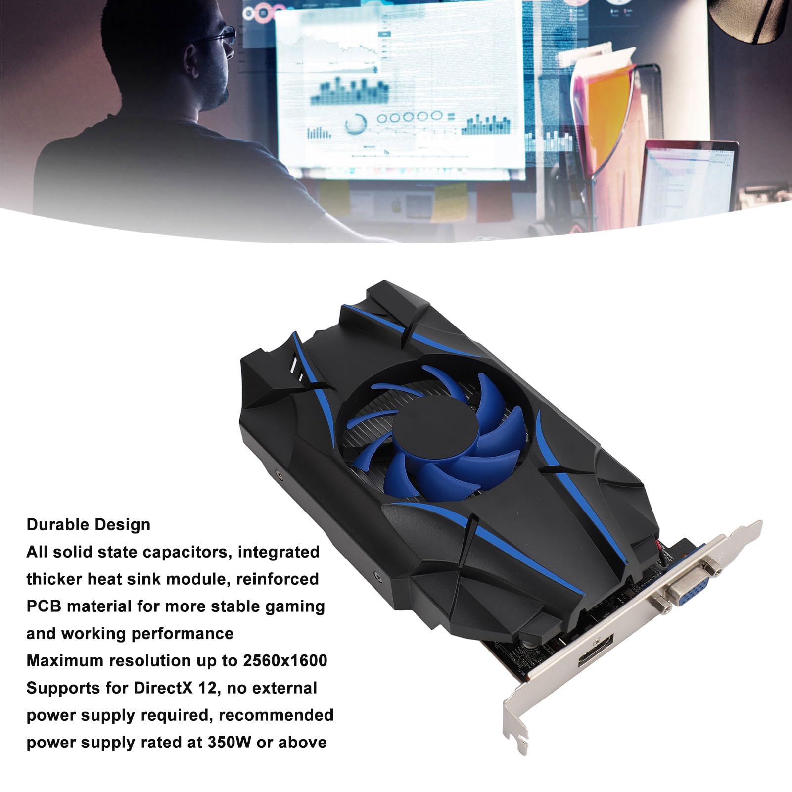 Denash Karta Graficzna GT1030 2GD5, 2 GB GDDR5 64-bitowy PCI Express 2.0 16X HD Multimedialna Karta Graficzna VGA do Gier z Wentylatorem Chłodzącym, do Komputerów Stacjonarnych Filmy